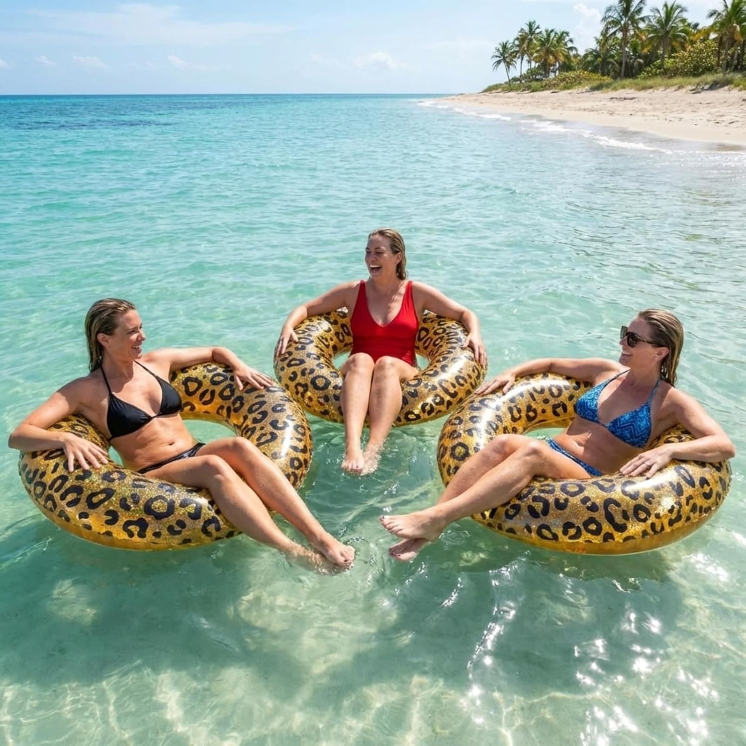 34 Inch Leopard Print Pool Float Tube Adults Inflatable Tube Animal Patterns Swimming Rings Inner Tubes Glitter Pool Floats for Women Hawaii Beach Vacation Holiday Party Photo Prop