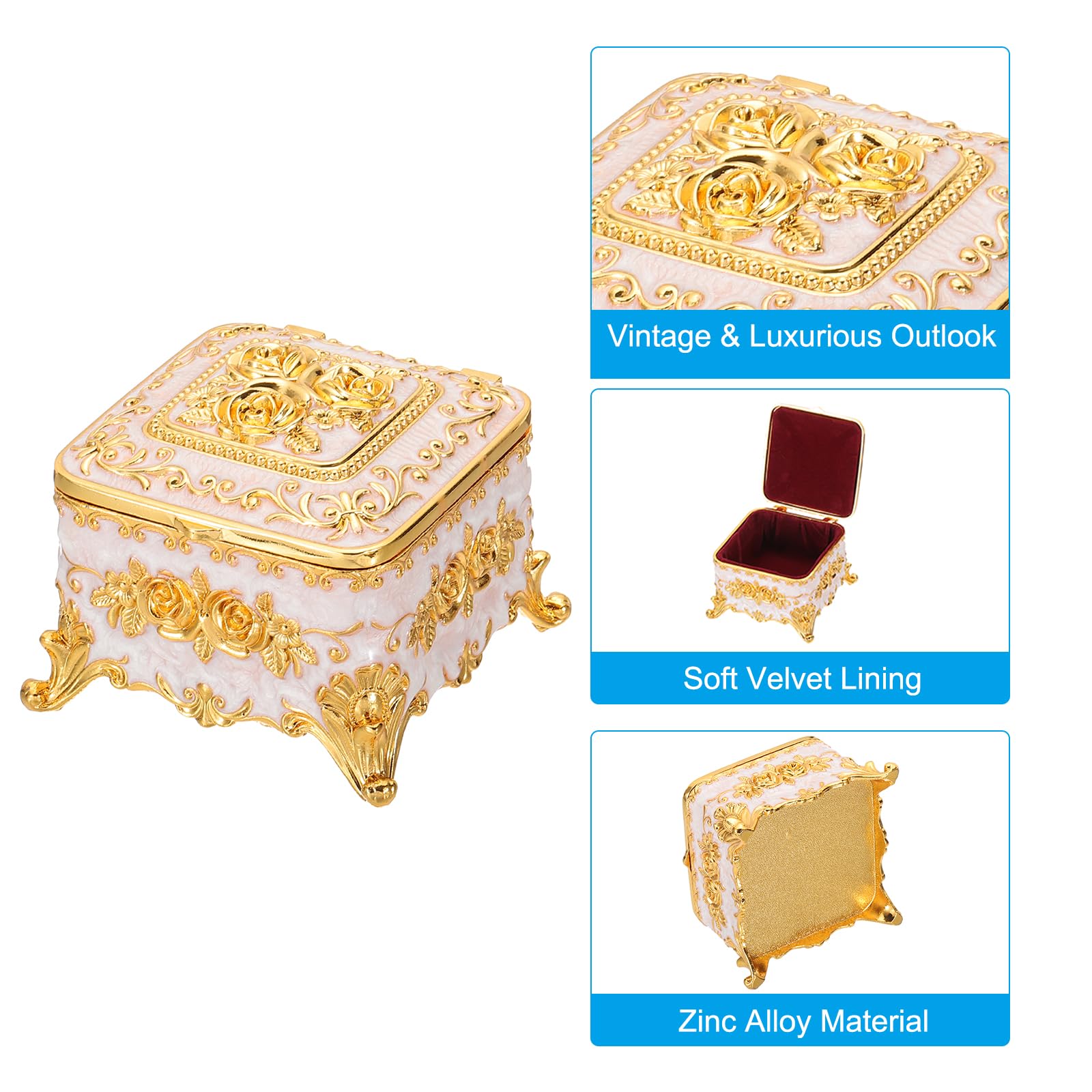 PATIKIL Antike Metall-Schmuckschatulle, quadratische Schmuck-Organizer-Box Schmuck-Aufbewahrungsbox für Ringe Ohrringe Halskette, Frisiertisch,Weiß