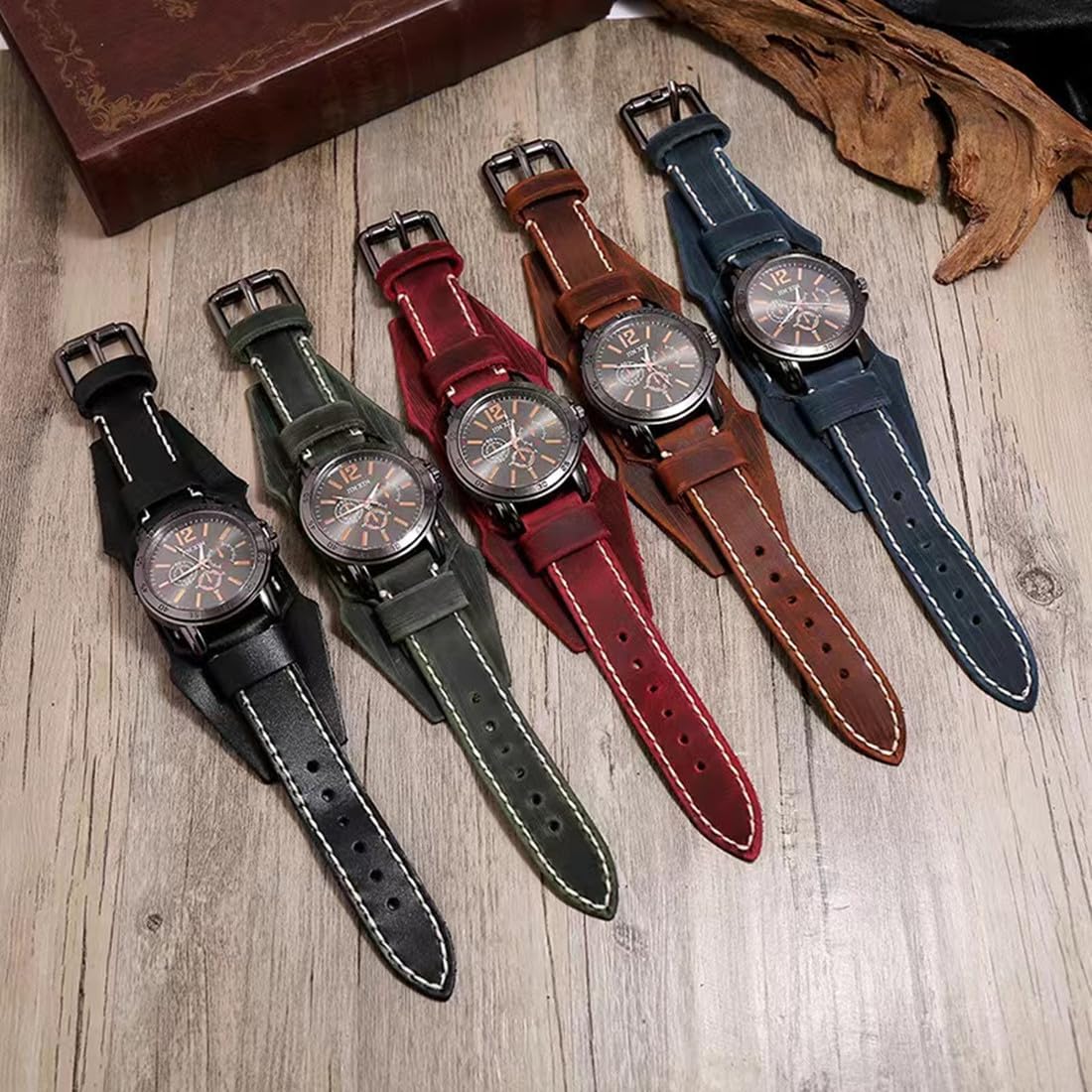 MINILUJIA Reloj de pulsera para hombre cosido a mano con cuerda de cera, vintage, punk, hiphop, gótico, ancho, de cuero, redondo, cuarzo, esfera grande, negro y marrón