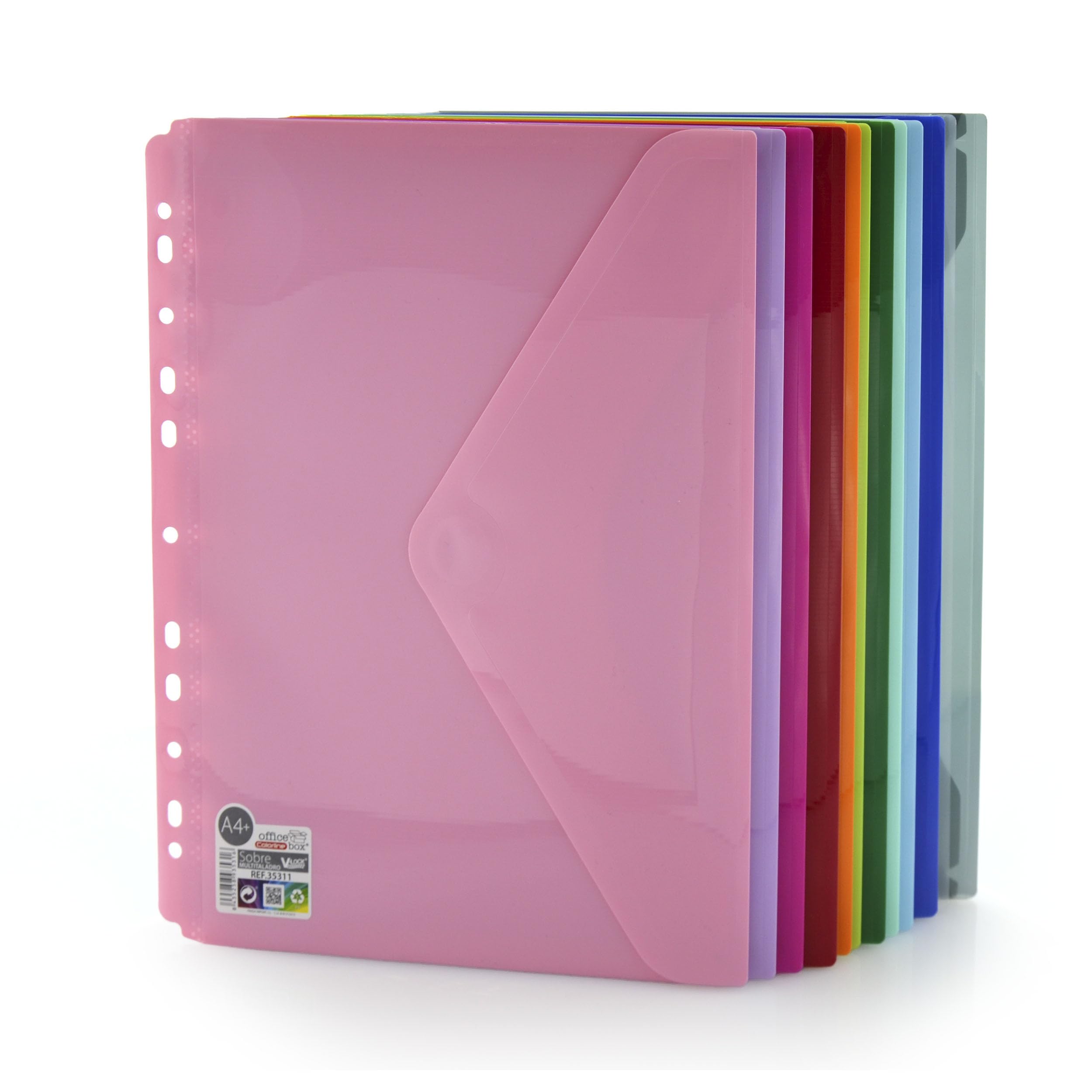 Pack de 12 Sobres con Cierre V-LOCK en Polipropileno, 100% ECO - Tamaño A4+ Para archivar en Carpetas de anillas con 12 Colores sólidos Colorline en acabado Soft Touch by Office Box.