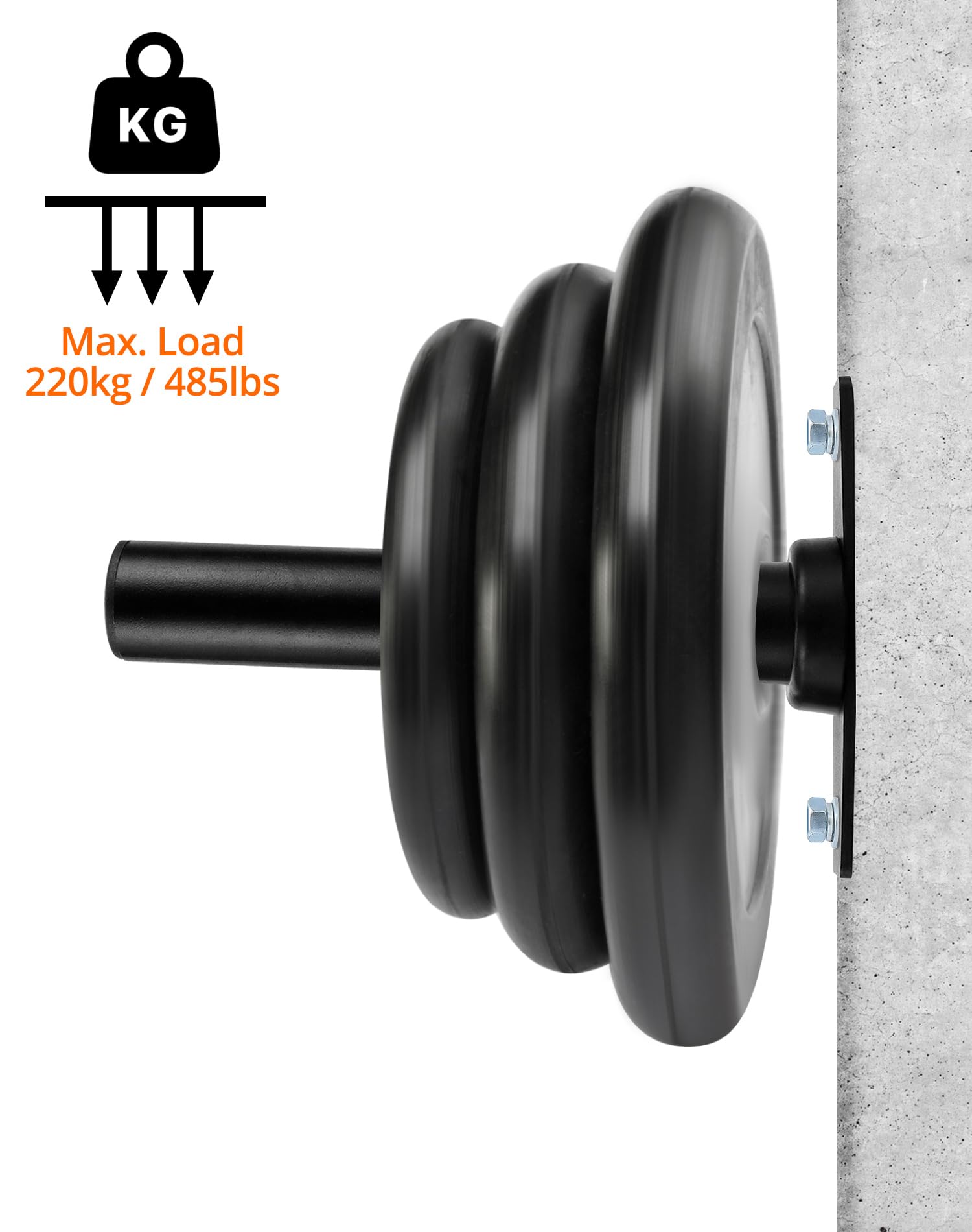 QWORK® Wandmontage Hantelscheiben Halterung 28cm x Ø4,8cm, Robuste Stahlkonstruktion Olympische Hantelscheiben-Halterung mit Montageankerbolzen, Kapazität Max. 220 kg