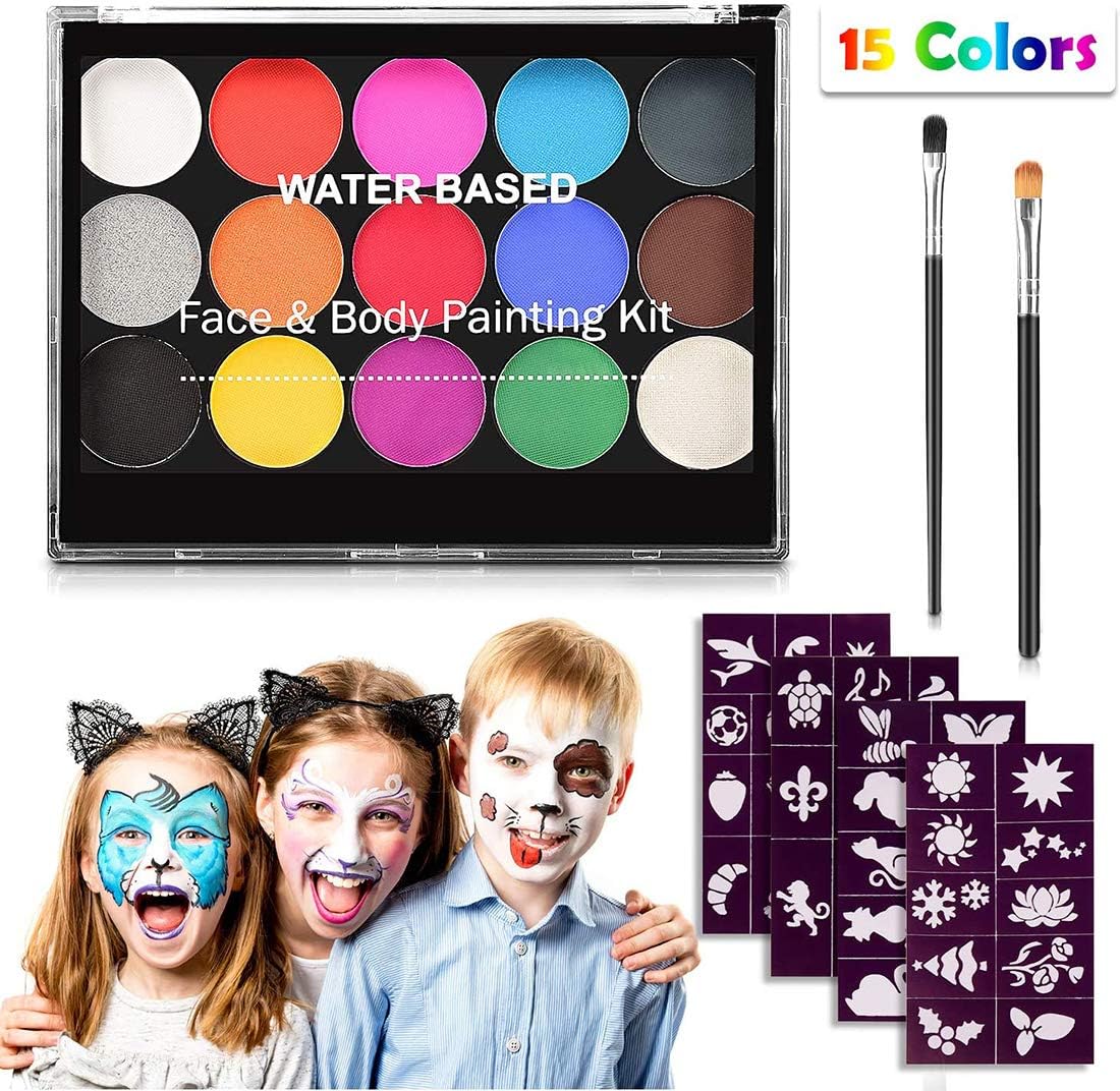 SYOSI Face Paint Kit for Kids,Professional Non-tocix Face Paint 15 Colors Kit with 2 Brushes, Body Makeup Paint Hypoallergenic Water Based Paints for Party Cosplay