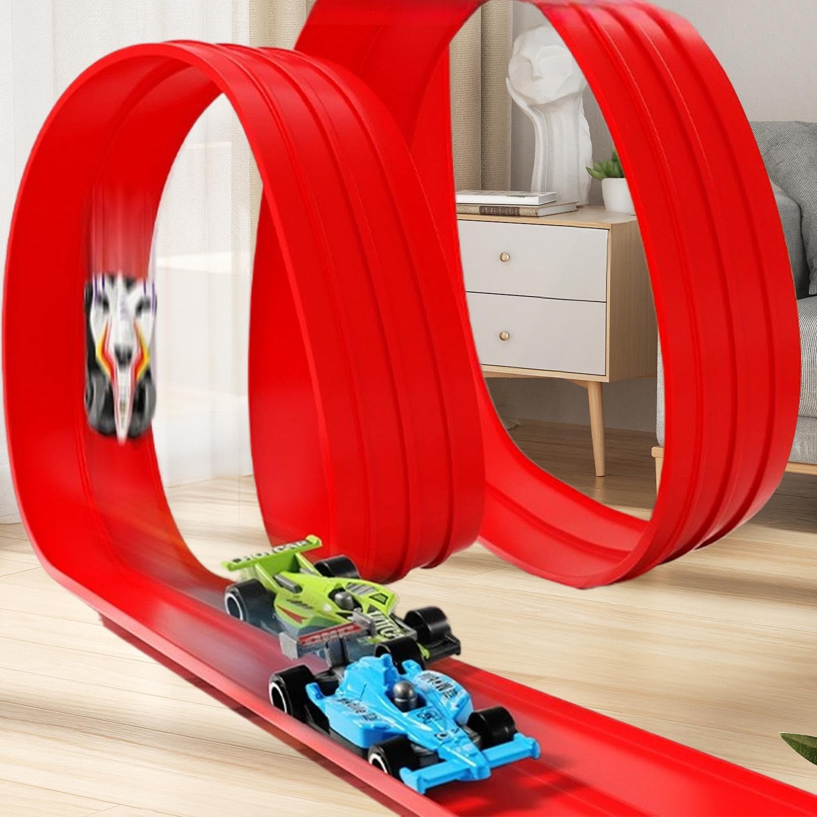 Set de Coches y Pista Juego de Conducción Portátil con Vehículos Flexibles | Pista Enrollable Larga Con Coche Juguete Para Interiores, Exteriores, Salón, Jardín, Dormitorio, Niños, Niñas Y