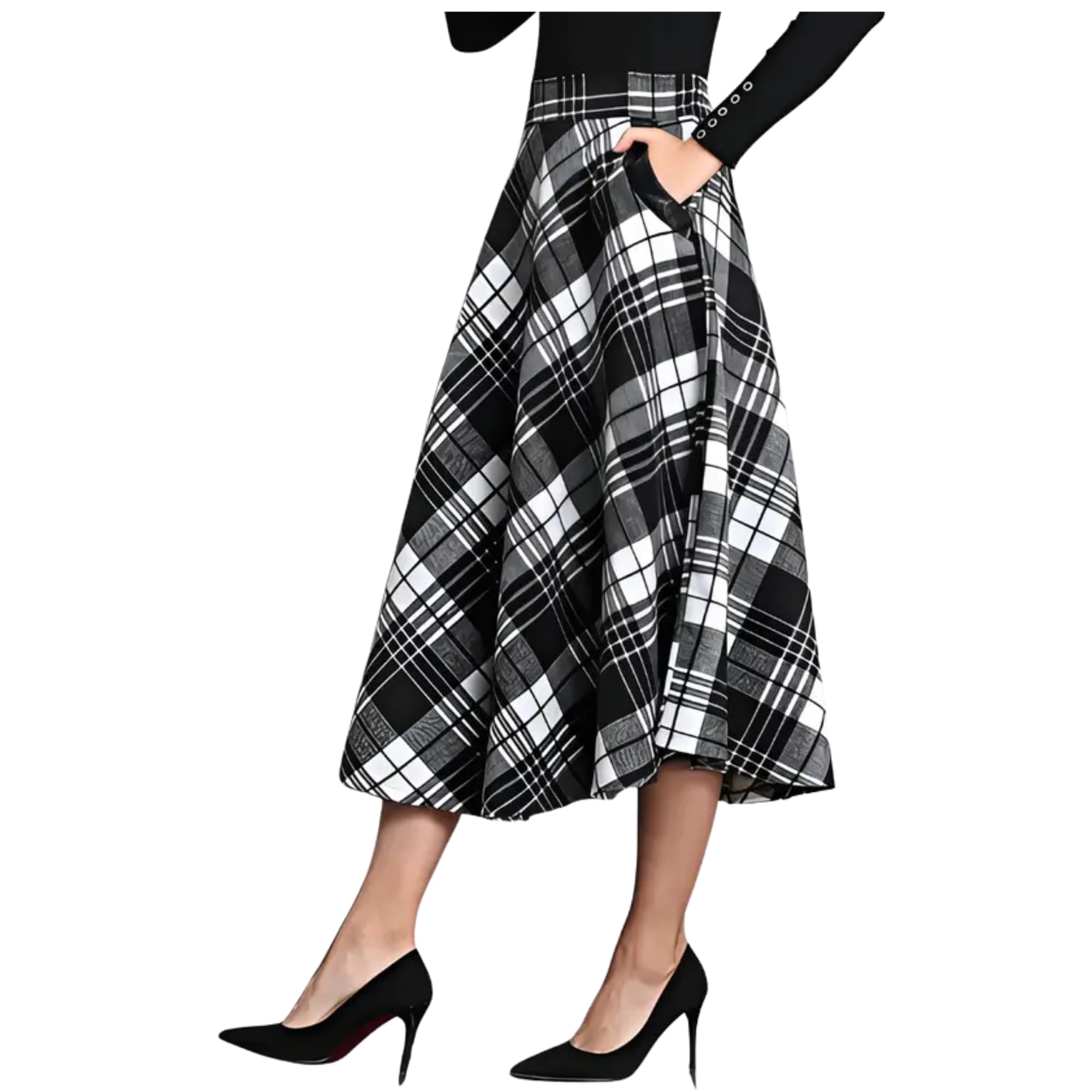 Tejasvi Enterprises Women’s Check Printed Cotton Blend Flared Midi Skirt with Side Pocket | A-Line High Waist Skirt for Casual & Office Wear-picture-15