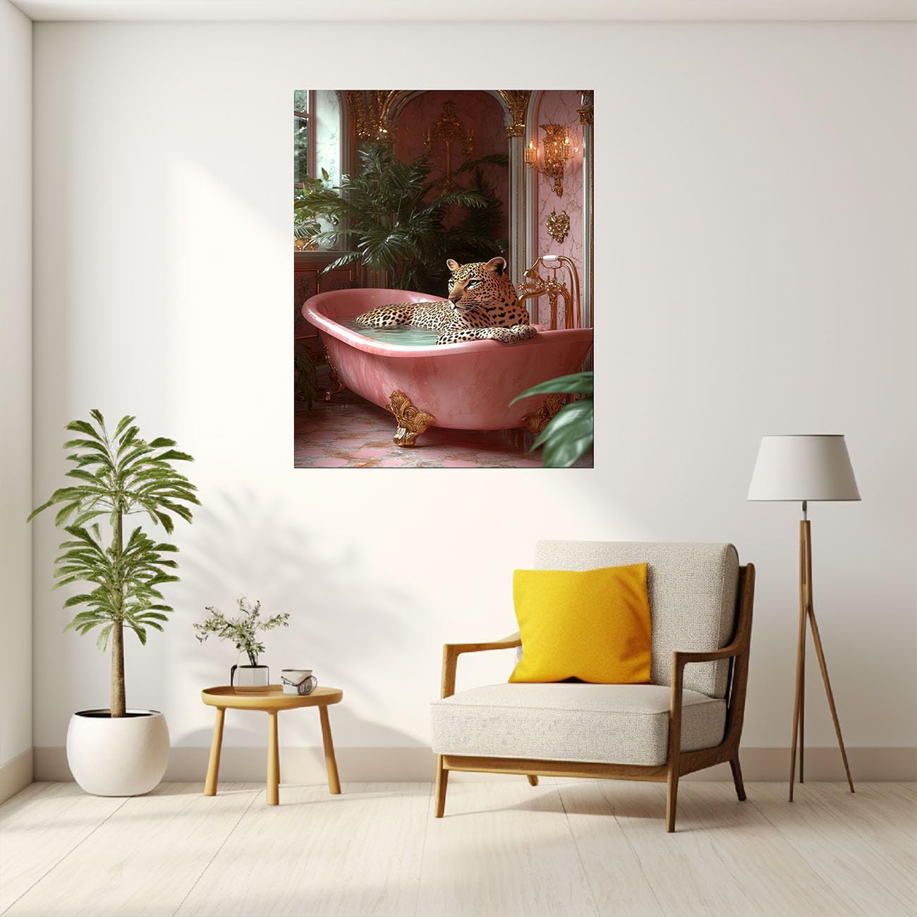 QUSAAOU Canvas Pictures Leopard w marmurowej wannie, szlachetne metalowe armatury, plakat z motywami zwierzęcymi, nadaje się do dekoracji ścian w sypialni, kuchni, biurze i łazienkach, kolor różowy