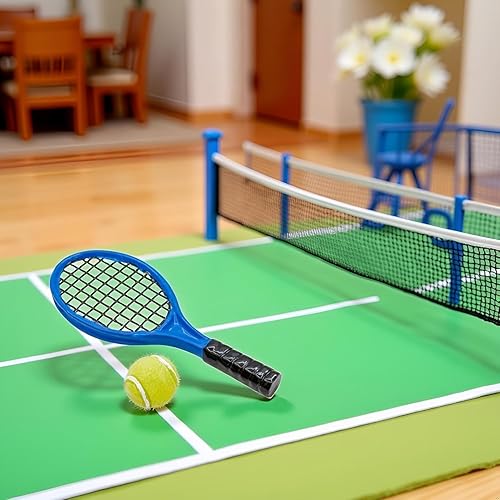 Miniatura 2 de Juego de raquetas de tenis en miniatura azul y verde, accesorios a escala 112, juego de mini raqueta, tenis pequeño