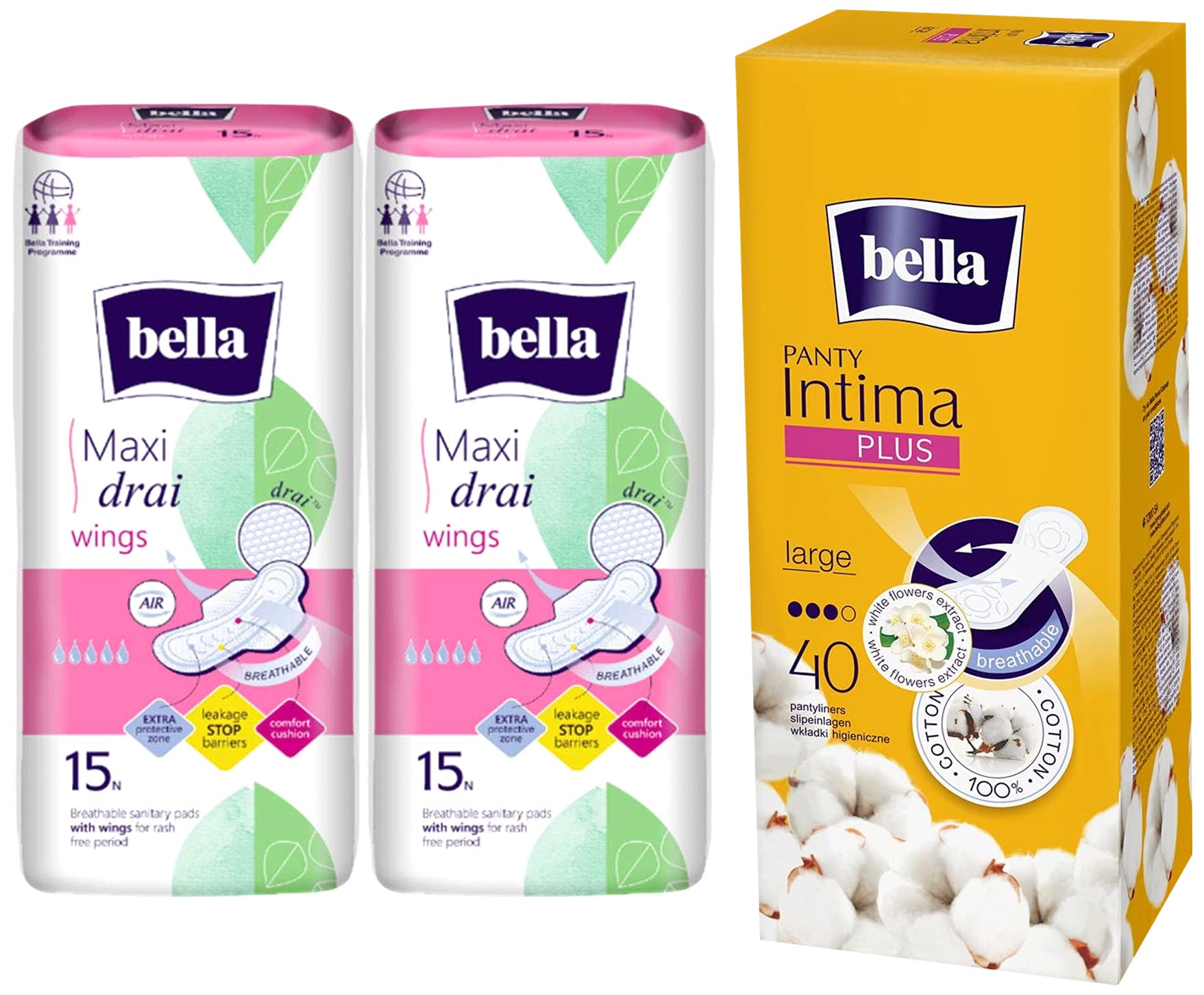 Panty Intima Plus Panty Liners - 40 Count (Large) (Pack of 1) & Bella Maxi Drai Wings Classic Sanitary Napkins - 15 Pieces (Pack of 2)