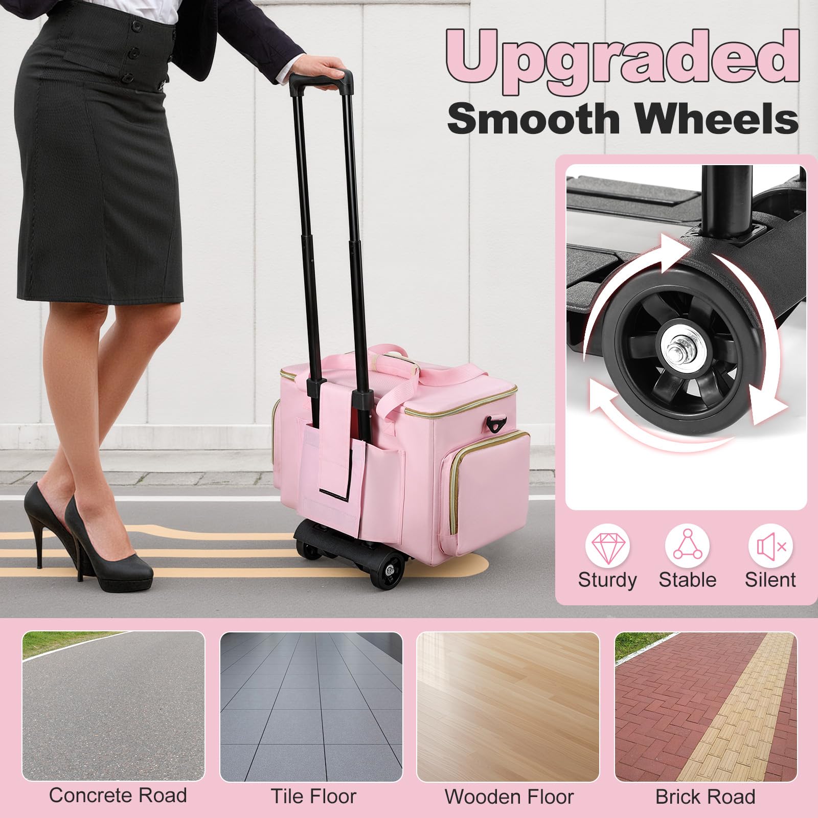 Housolution Bolsa para Maestros con Ruedas, Tote con Carro Desmontable, Estuche Portátil con Ruedas para Trabajo, Maletín con Organizador de Archivos Acordeón, Compatible con Laptop de 15,6", Rosa