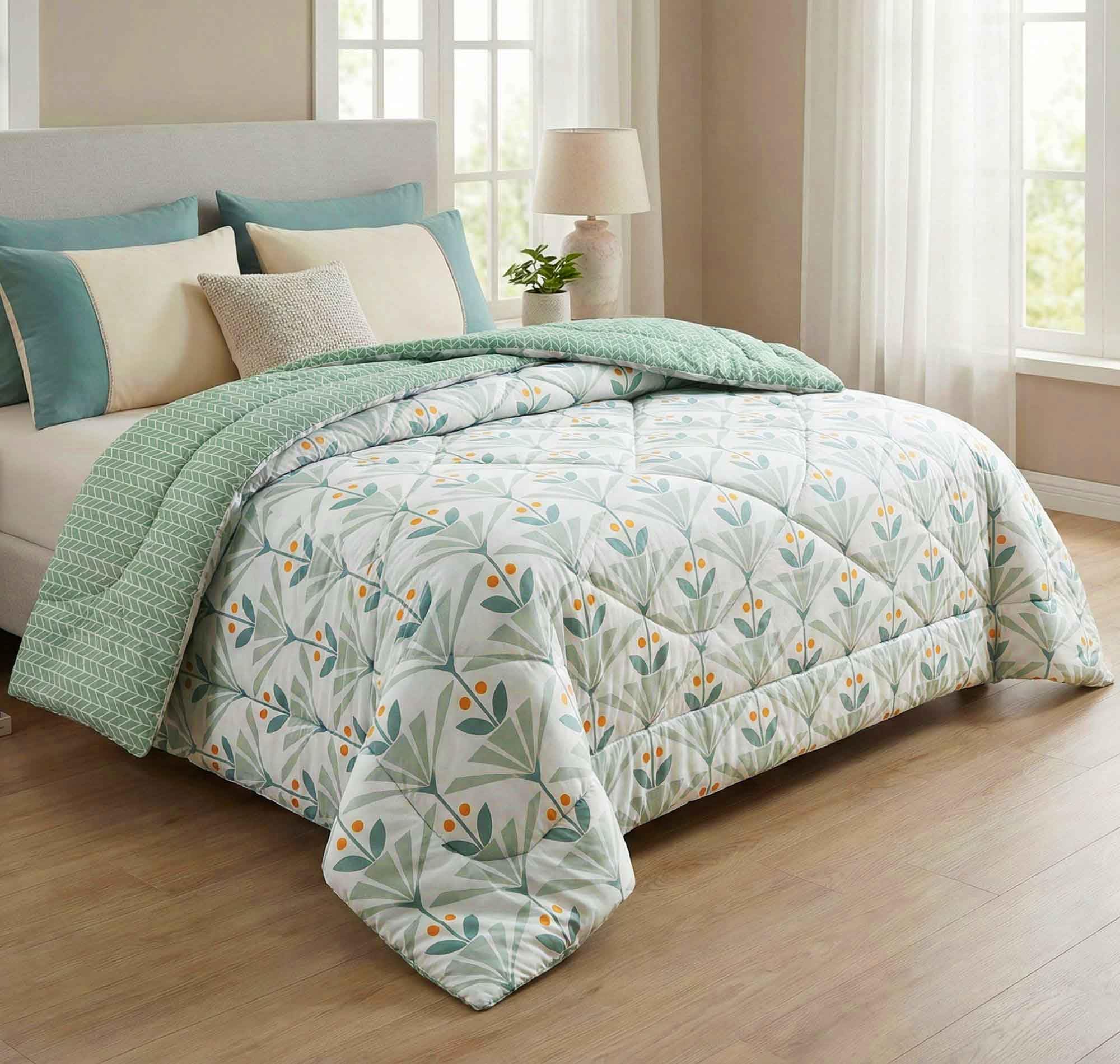 VAS COLLECTIONS Cloud Cotton Reversible AC Comforter for Double Bed | Super Soft 220 GSM Quilt/Duvet/Dohar | Lightweight All-Season Comforter | 88 x 90 Inches (1 Piece) (Sea Green, Orange)