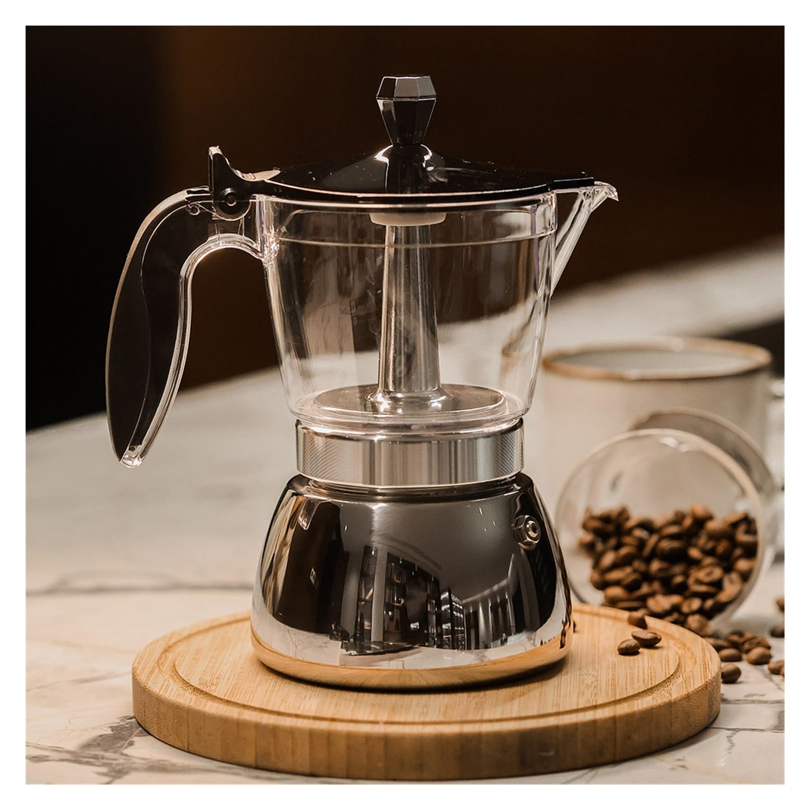 Genérico Cafetera italiana transparente de acero inoxidable 4/6. Cuerpo único resina, base 430. Ideal for el hogar, la oficina y camping. Compatible con cocinas inducción gas(6cups)