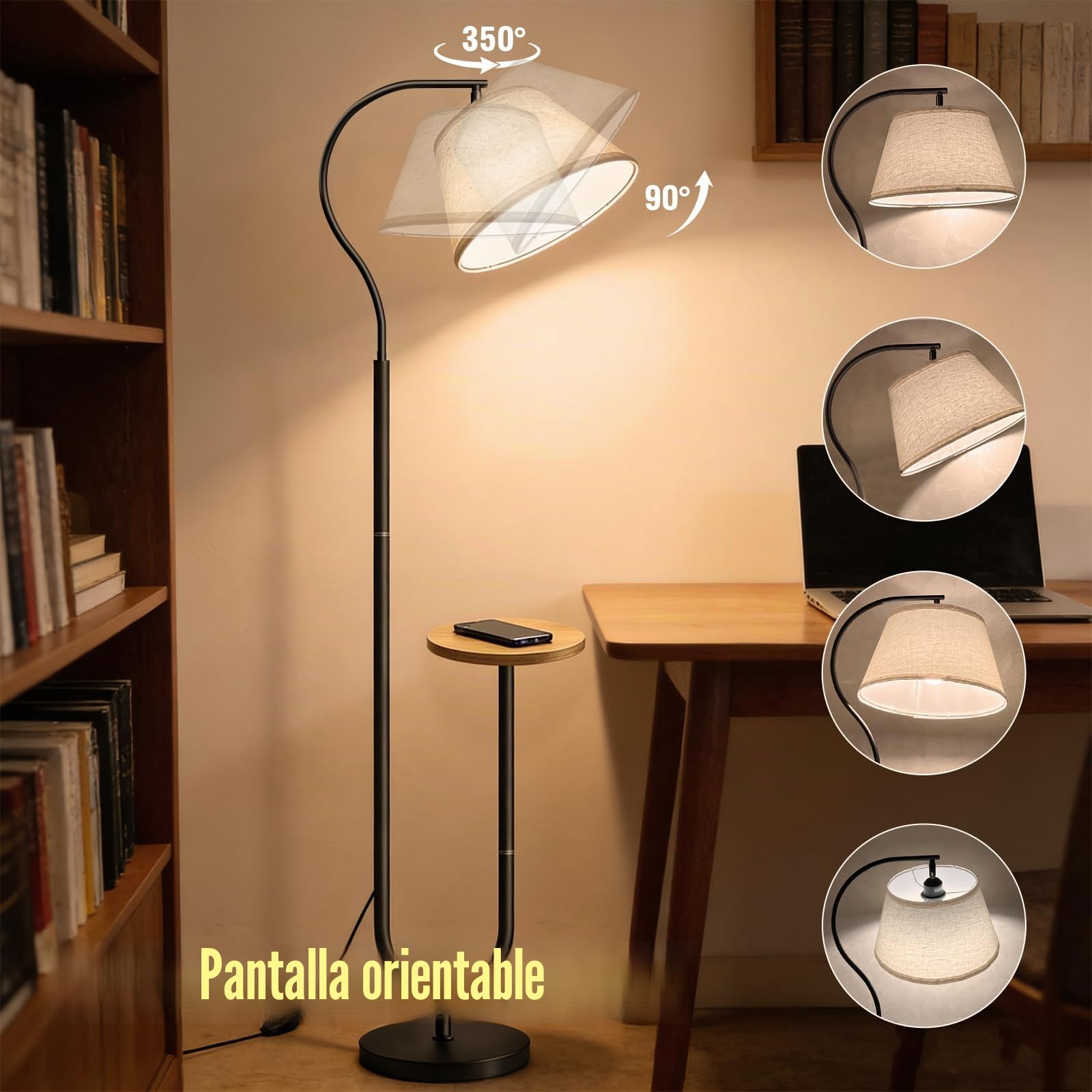 BBHome Lámpara de pie para Salón, Lámpara Moderna con Arco y Estante, Lampara pie con Mesita y Pantalla de Lino, Lampara de pie con Casquillo E27 para Salón, Dormitorio, Estudio y Oficina,Negro