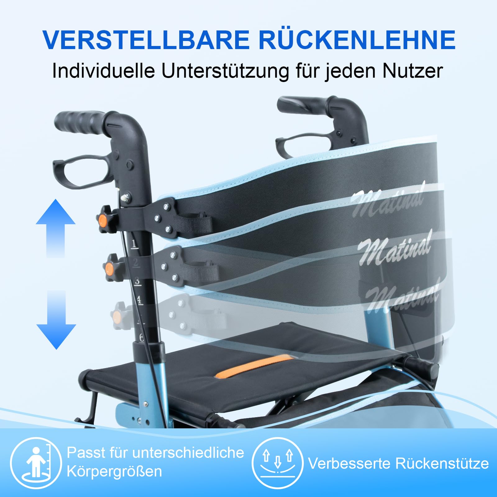 Rollator Faltbar mit Sitz für Senioren, Leichter Rollatoren, Blau | Faltbarer All-Terrain-Rollator mit Sitz für Indoor-& Outdoor, Leichtgewicht Aluminium mit 20 cm Gummirädern