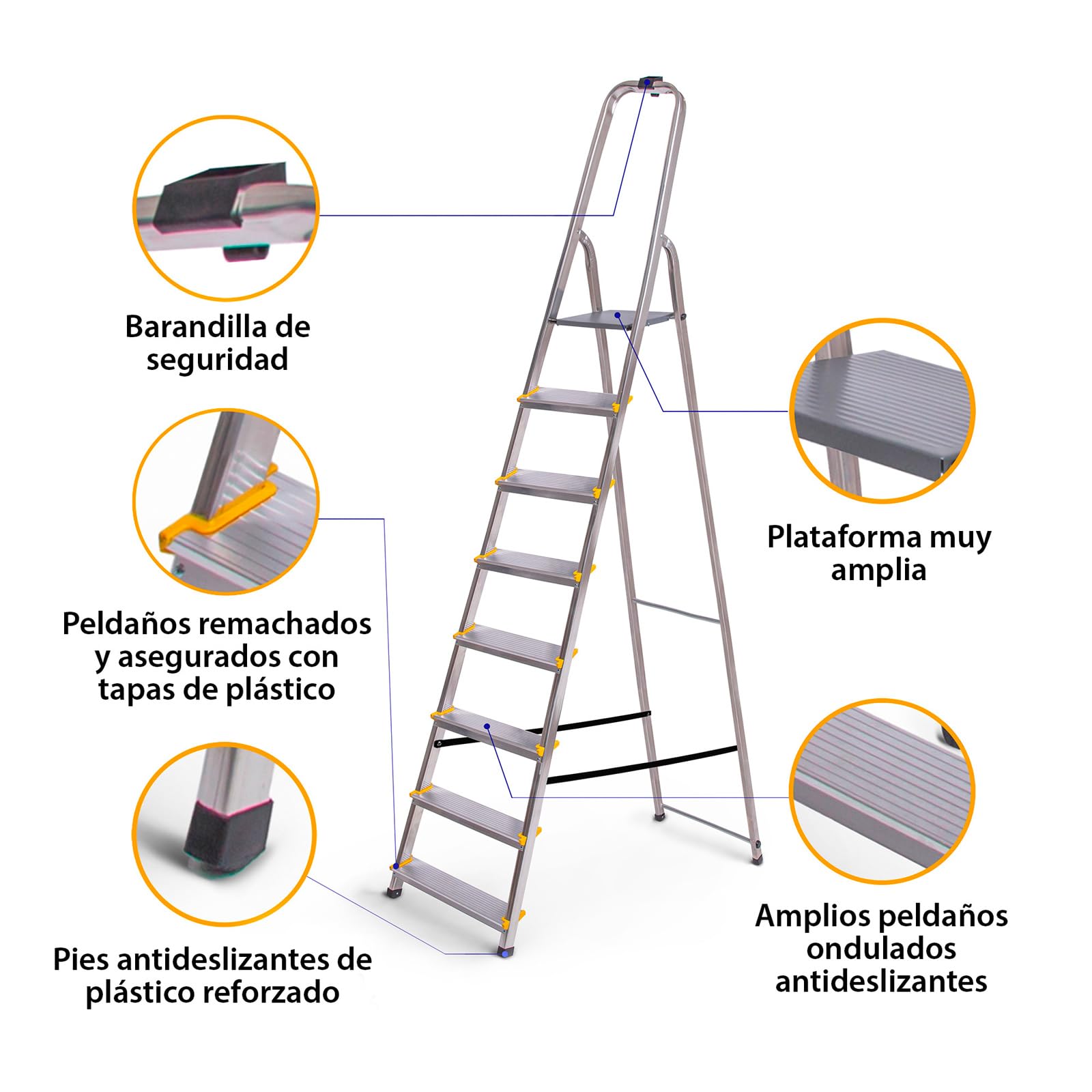 HOSTRÖM Escalera de 8 peldaños Dura Plegable, Taburete Ligero de Aluminio, Altura de Plataforma 162 cm, pies Antideslizantes, Carga 150 kg, garantía 5 años.
