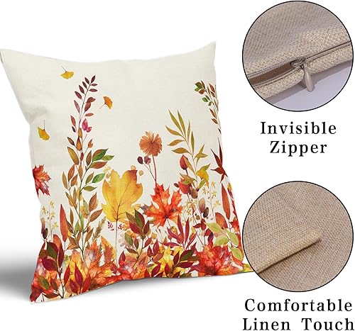 Miniatura 3 de Sweetshow Juego de 2 fundas de almohada de hojas de otoño de 20 x 20 pulgadas de color naranja quemado, juego de 2 fundas de almohada de arce otoñal