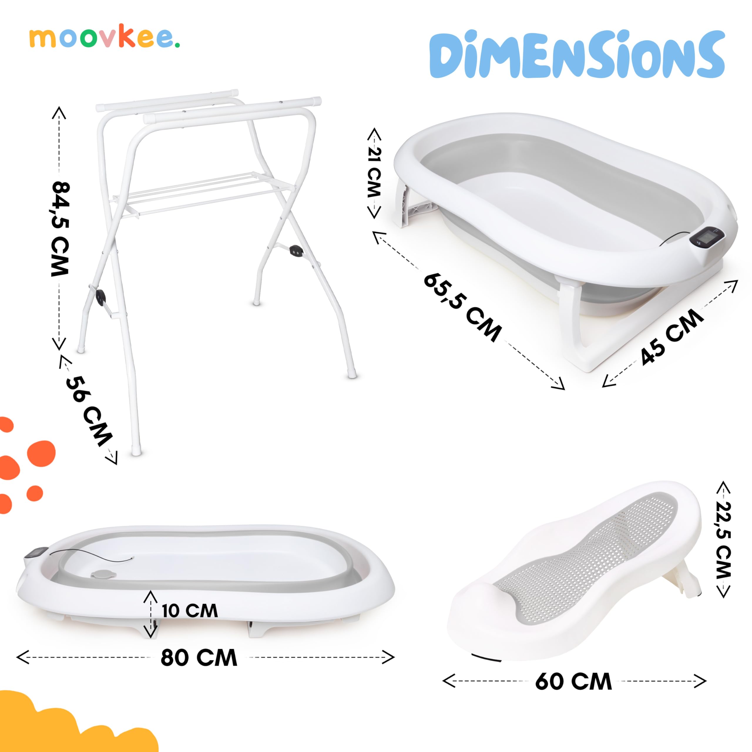 Baignoire bébé pliable 80 cm grise avec thermomètre siège de bain drainage