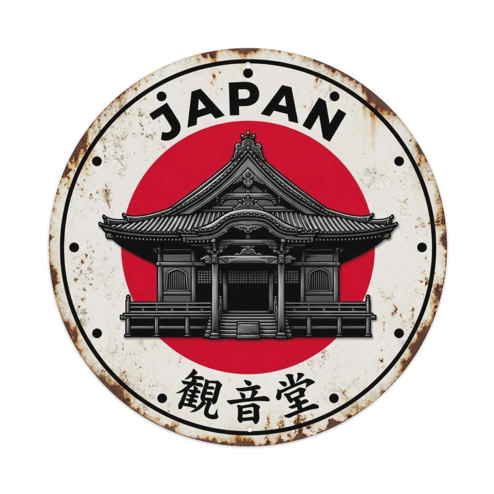Kannon Hall Japan Buddhist Structure Vintage Metal Tin Sign