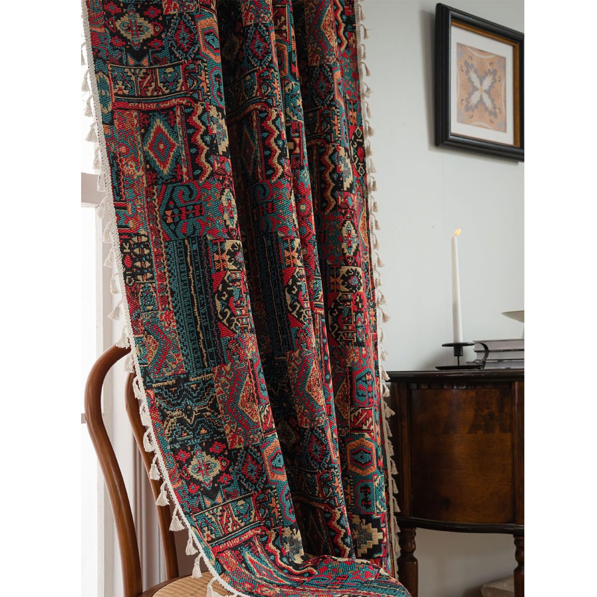 Bohemian Vintage Vorhänge Geometrisch Blickdicht Gardinen Rot Leinenoptik Boho Jacquard Baumwolle Vorhange mit Quaste Rod Pocket für Wohnzimmer Schlafzimmer 1 Stück B150×H240cm