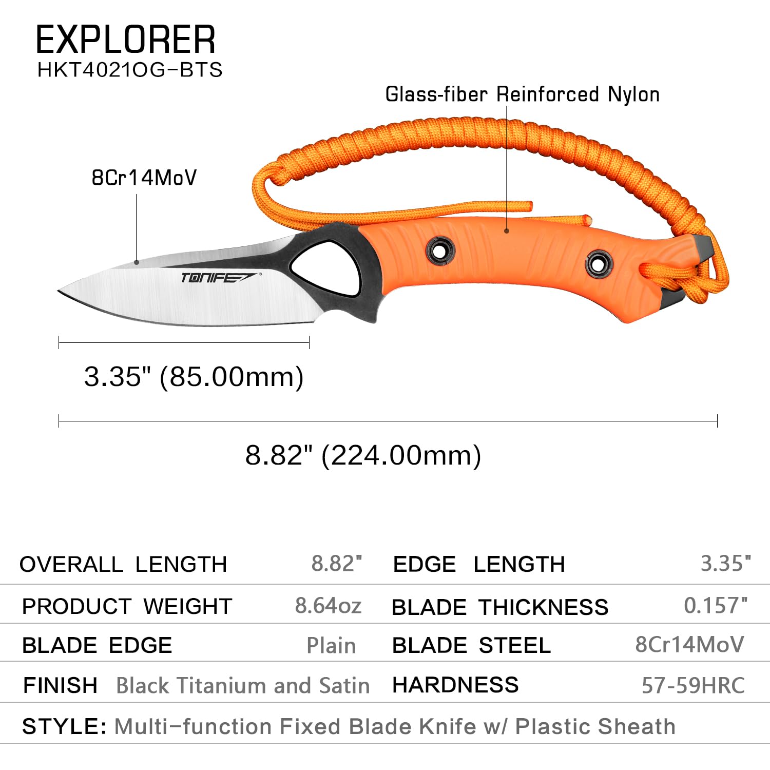 TONIFE Explorer Nóż ze stałym ostrzem z pokrywą 8Cr14MoV Blade wielofunkcyjny nóż survivalowy, wzmocniony włóknem szklanym z nylonowym uchwytem do noża EDC (pomarańczowy+czarny tytan i satyna)