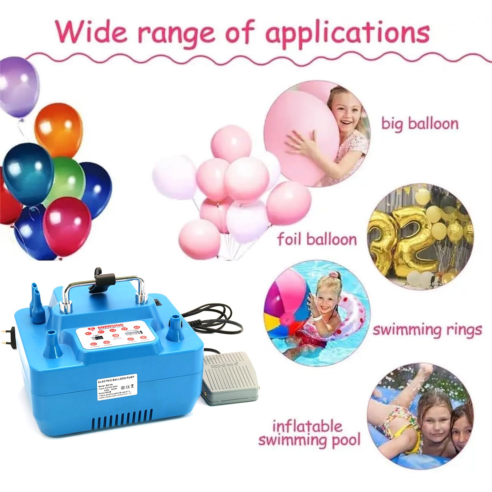 Genérico Inflador de Globos eléctrico portátil, Bomba de Aire portátil, con función de Memoria, Interruptor de pie for Fiestas, inflador de Globos for Bricolaje, Ramo de Globos, Bodas, Fiestas