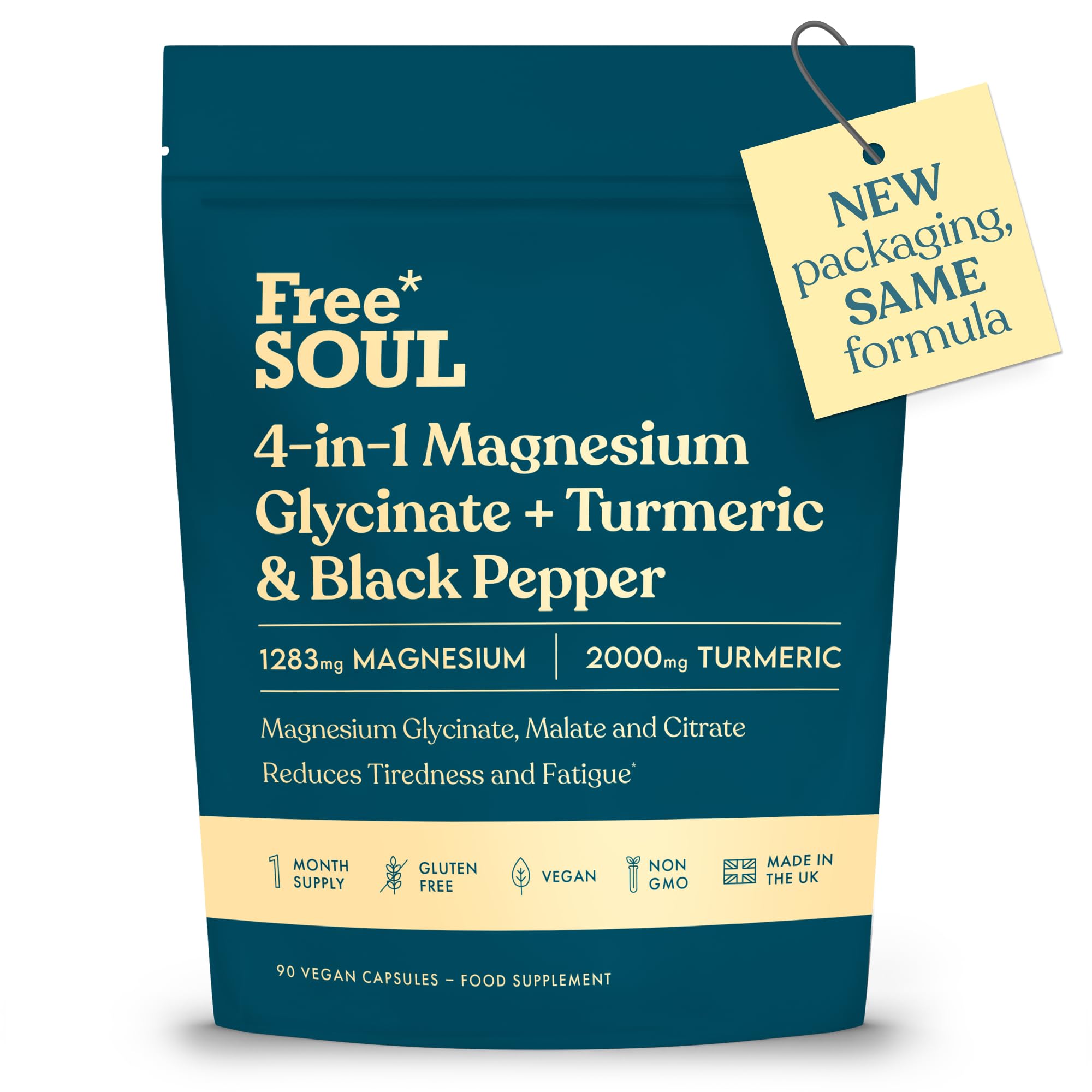 Magnesium Glycinate + Turmeric 4-in-1 Complex | Triple-Strength Magnesium Supplements with 1283mg, Bisglycinate, Citrate, Malate & 2000mg Turmeric | 90 Vegan Tablets | Gluten-Free