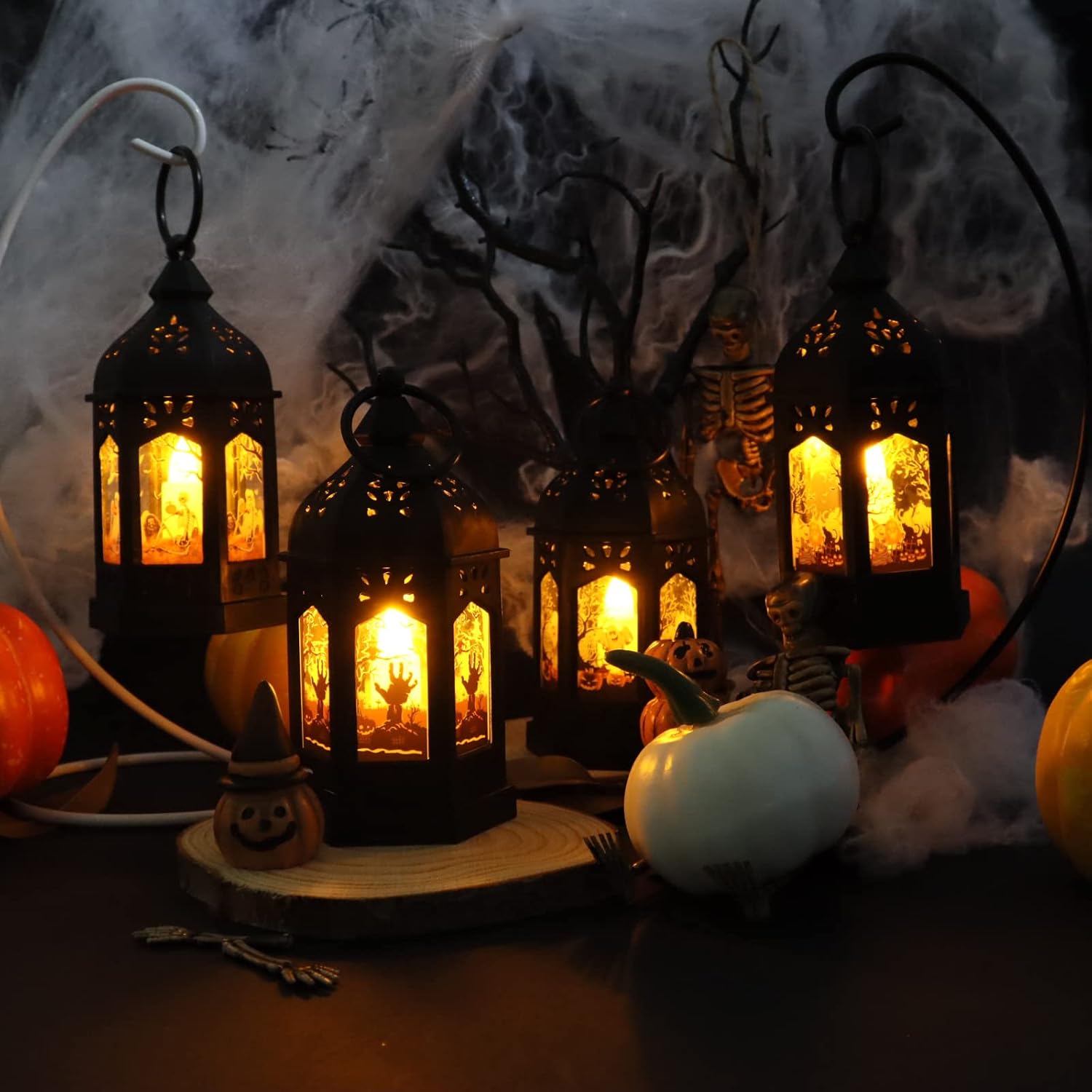 LLQ 5" Halloween Mini Lanterns for Halloween Table Centerpiece, Small Lantern Decorative Indoor with Pattern Glass for All Saints' Day Party Decor, 8 Pack Hanging Candle Holder Ornaments, Pure Black
