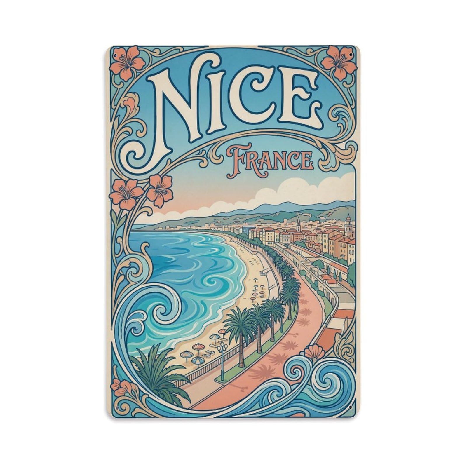 Retro France Nice Travel Metal Tin Sign Plaque Wall Decor for Cafe, Club Bar, Office, Garden Metal Poster 8x12Inch