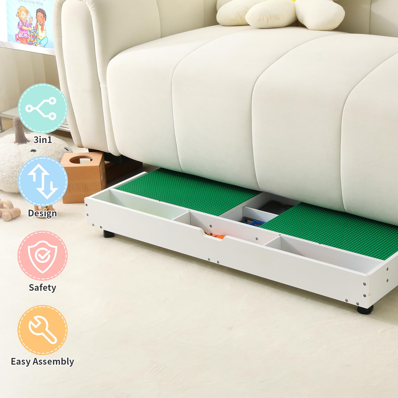 YouHi 3-in-1 Rolling Construction Play Table with Storage, Kids Activity Train Table with Wheels, Reversible Sliding Panel, Under The Bed or Under The Sofa