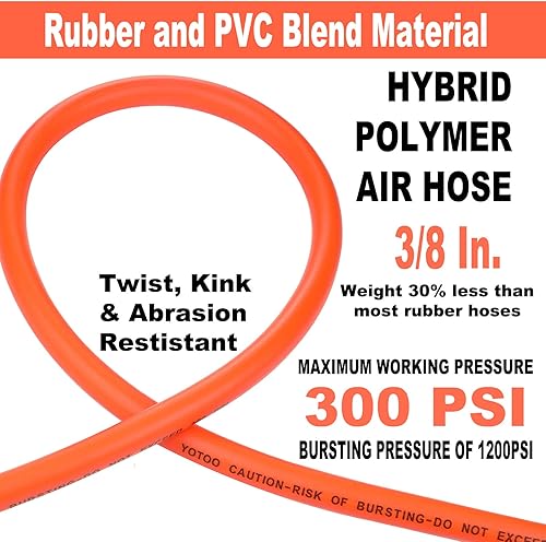 Miniatura 3 de YOTOO Manguera de aire de 38 pulgadas x 10 pies, manguera híbrida de compresor de aire de 300 PSI, resistente, ligera, resistente a las torceduras,