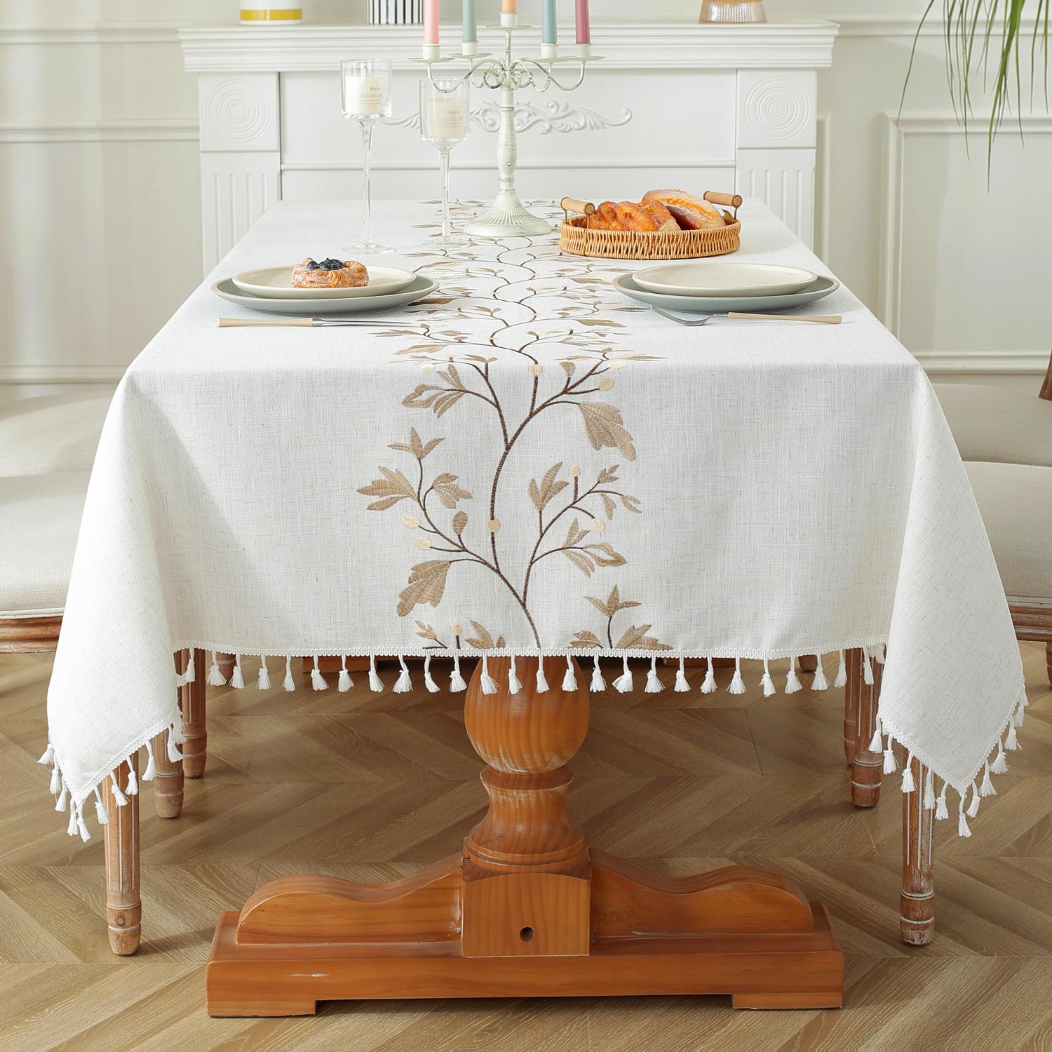 JIALE Rectangle Table Cloth, Heavy Duty Cotton Linen Waterproof Tablecloths Farmhouse Tablecloth, Soft and Wrinkle Free Table Cover with Tassels, Coffee Flower, 55''x70''