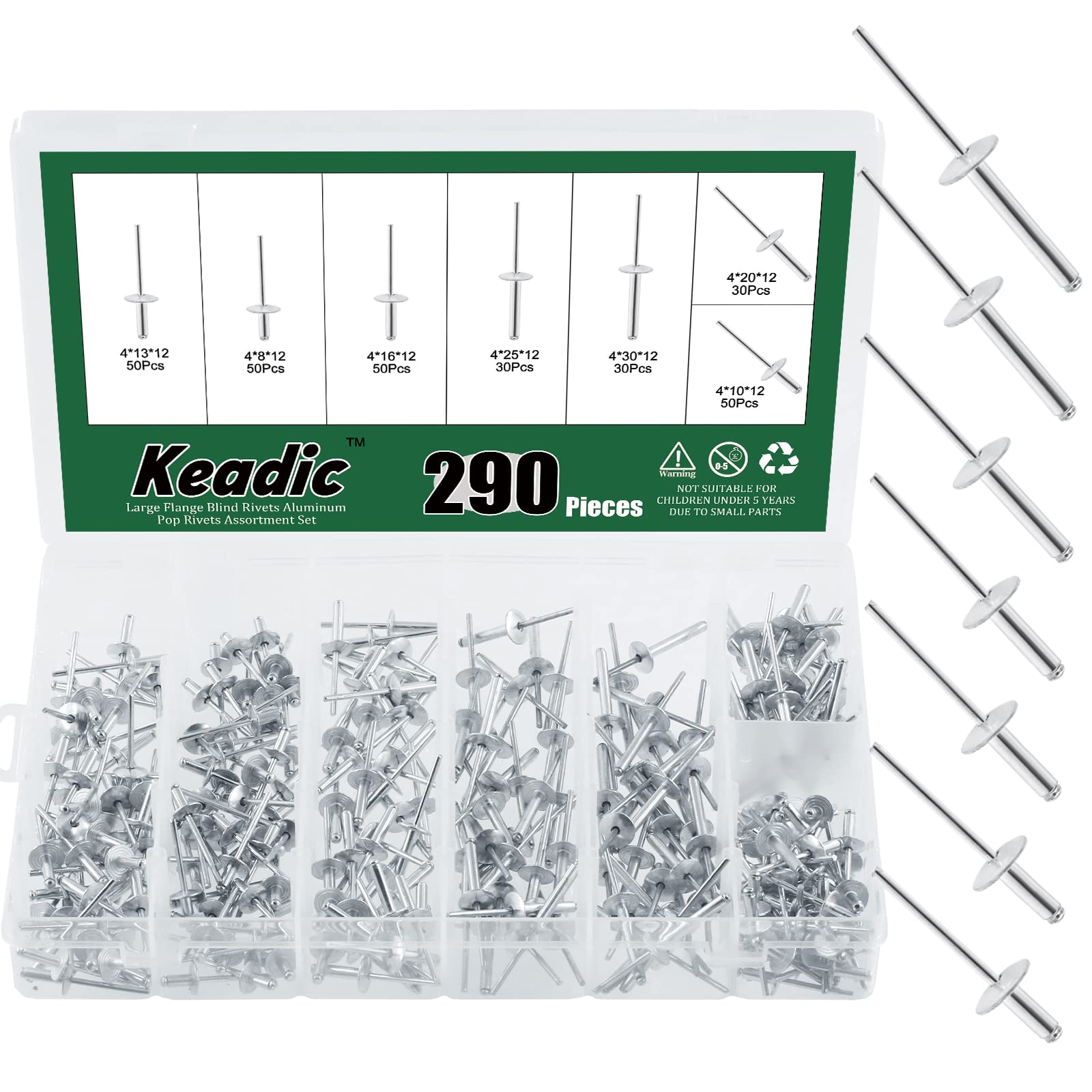Keadic 7 Size 5/32" Aluminum Large Flange Blind Rivets Assortment Kit Includes 5/32"x 5/16”, 3/8", 1/2", 21/32", 25/32", 1", 1.18" Open End Domed Head Pop Rivets for Joining Metal Plate Pipe