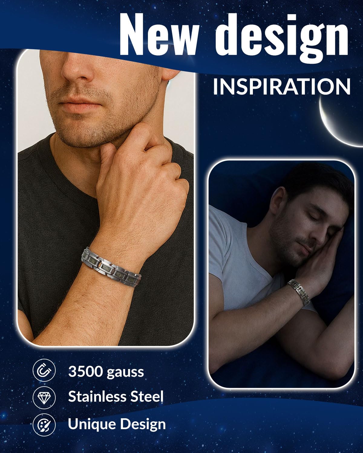 RainSo Bracelet magnétique pour homme, bracelet magnétique à trois rangs en acier inoxydable avec fermoir Scorpion, livré avec un outil de retrait de maillons gratuit (argent et champagne)