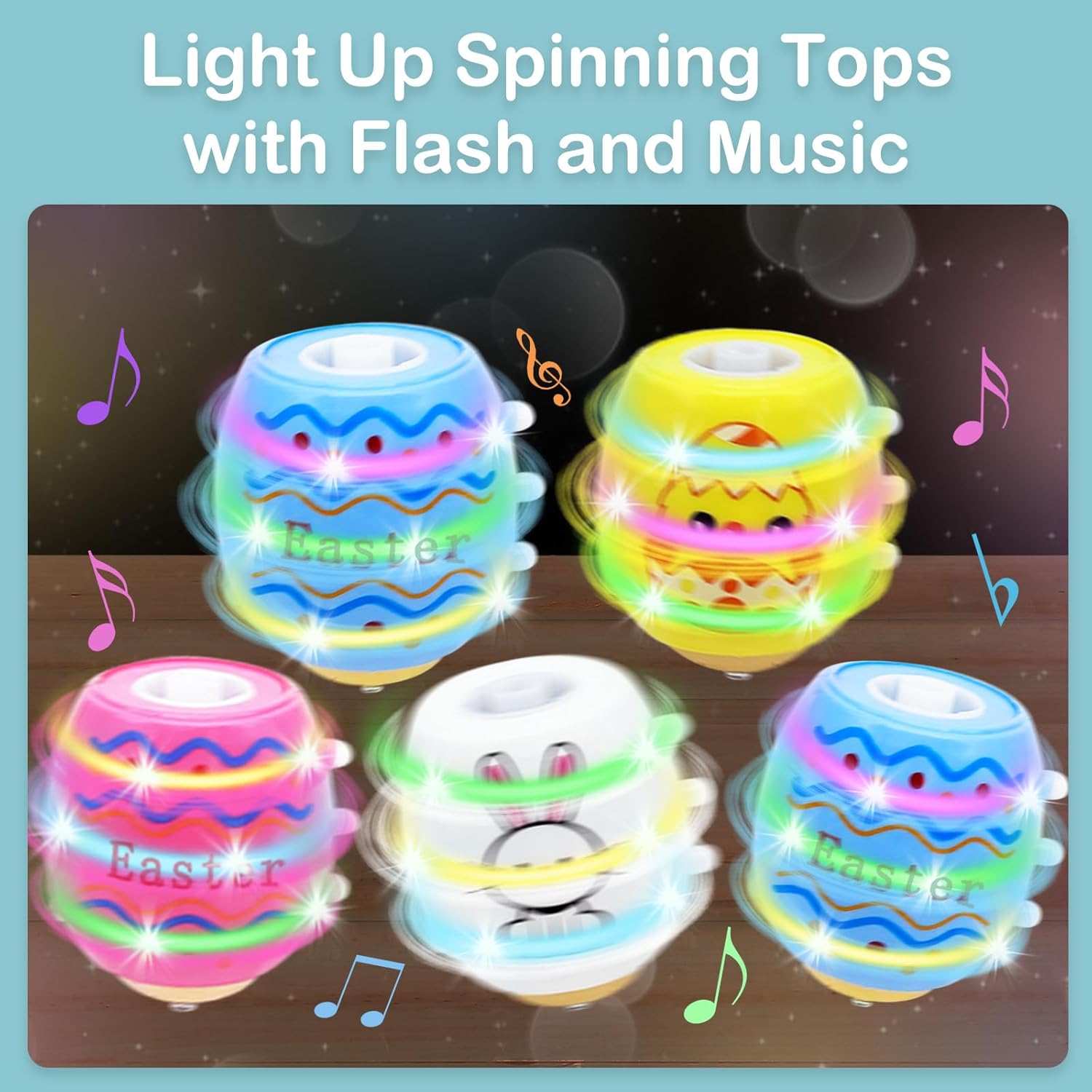 Easter Basket Stuffers for Kids - 4 Pack Light Up Spinning Tops, Egg Fillers Essentials for Boys Girls Toddler Children, Glow in The Dark Hunt Prizes Goodie Bag Toys Party Favors Gift Ideas