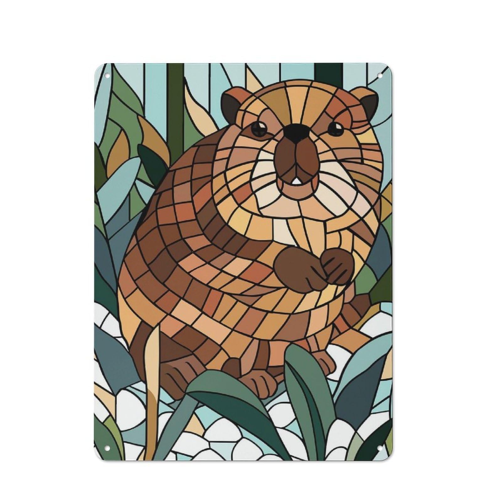 Junmoney Style-8 40X30cm Retro Metal Sign With Stained Glass Beaver In Nature For Living Room Or Hallway, For Living Room Decor Lovers Refreshing A Room In Autumn