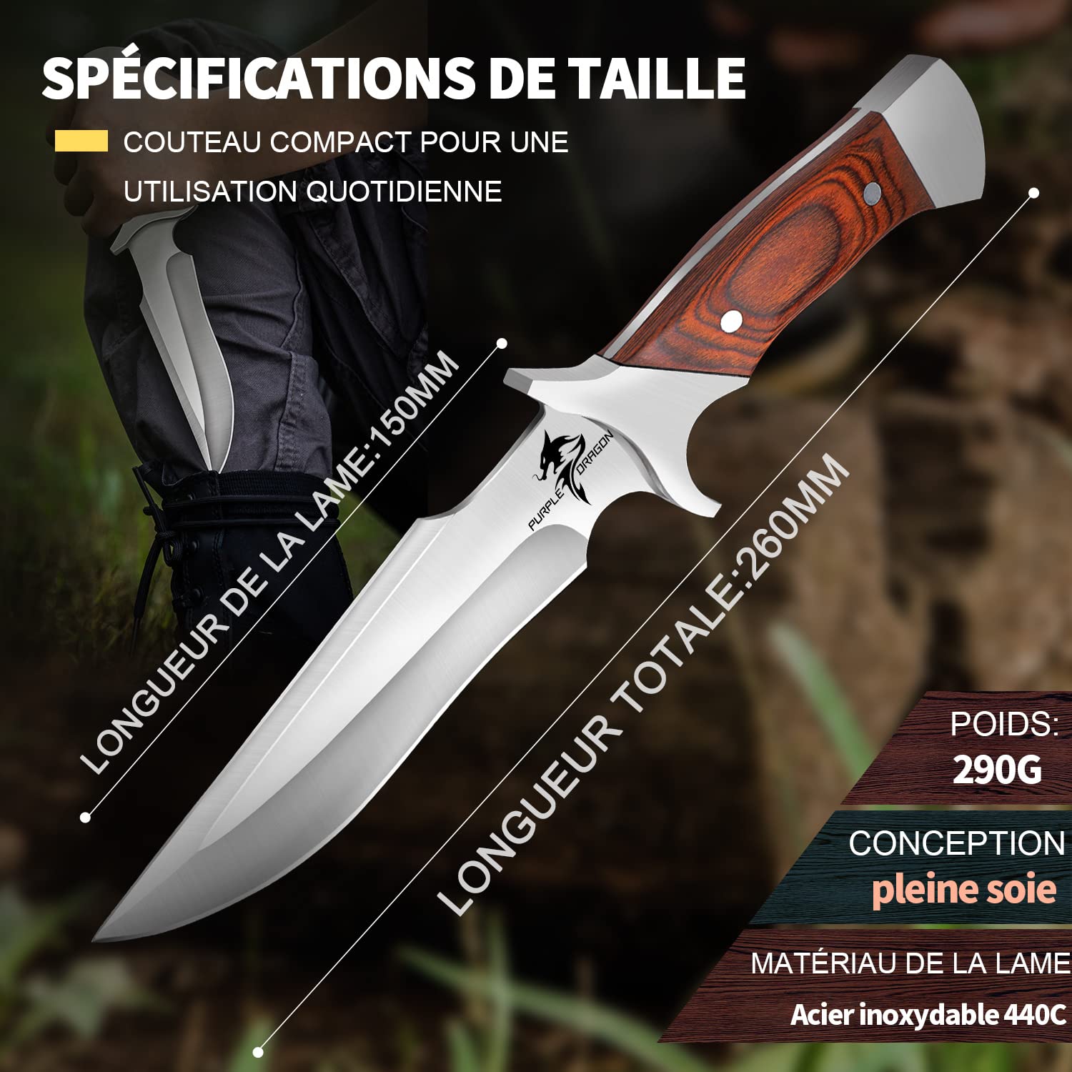 Purple Dragon Lame fixe de couteau de survie en plein air, cadeau d'extérieur pour homme
