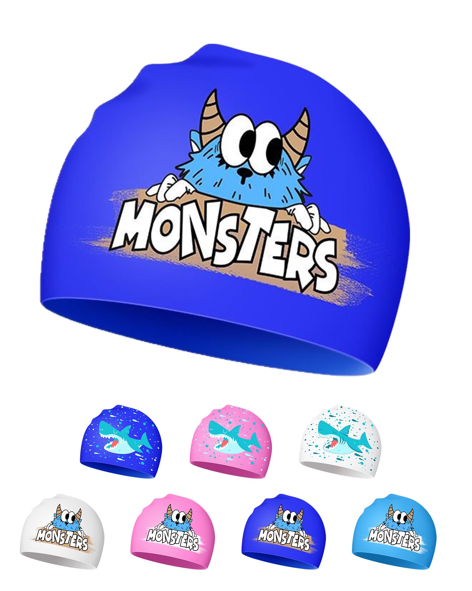 Kids Swimming Cap for 4-12 Years - Waterproof, Silicone, Adorable Design, Non-Slip (Blue monster)