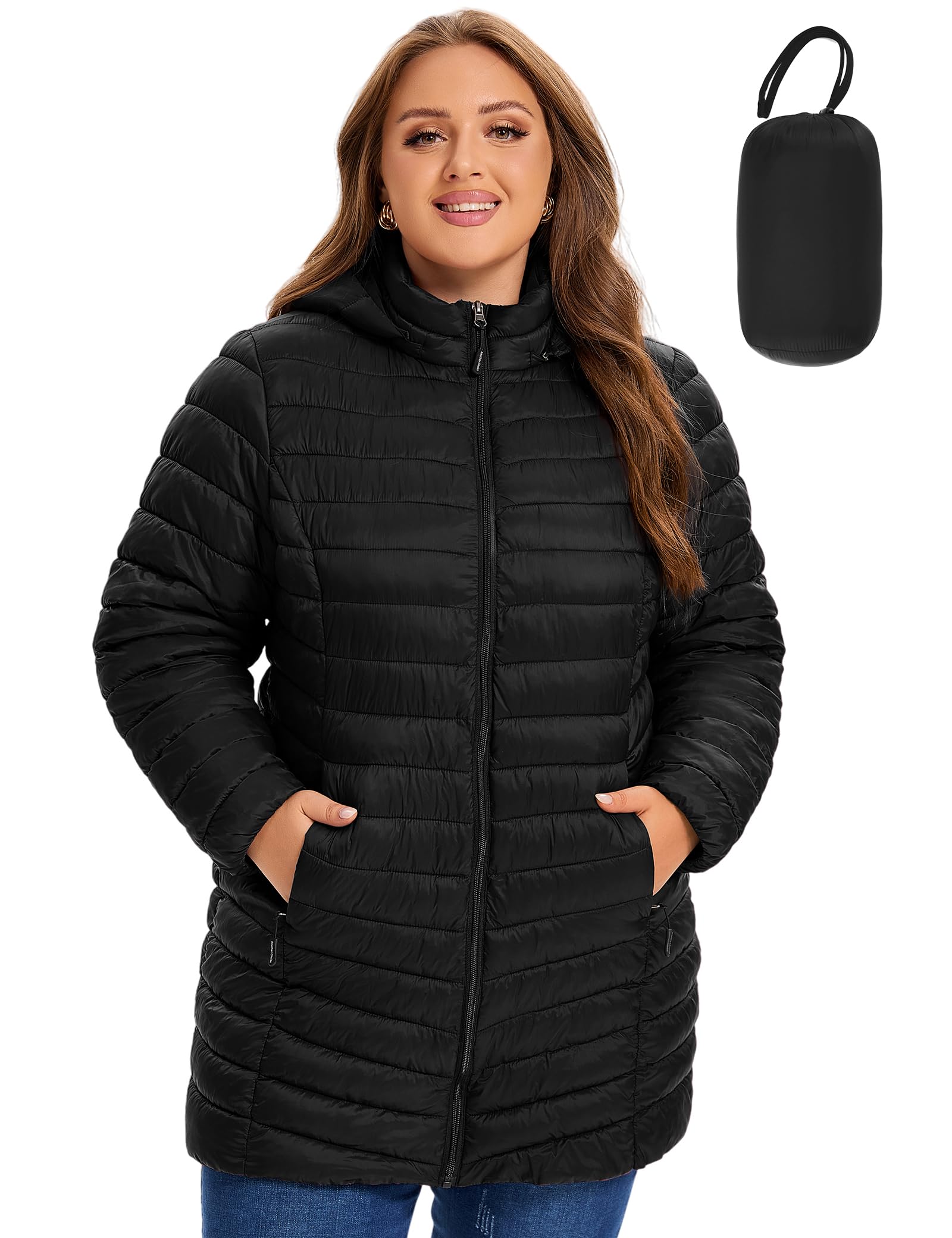 SLOW DOWNWomens Plus Size Lightweight Puffer Jacket, Womens Packable Winter Jacket, Womens Puffy Jacket with Detachable Hood