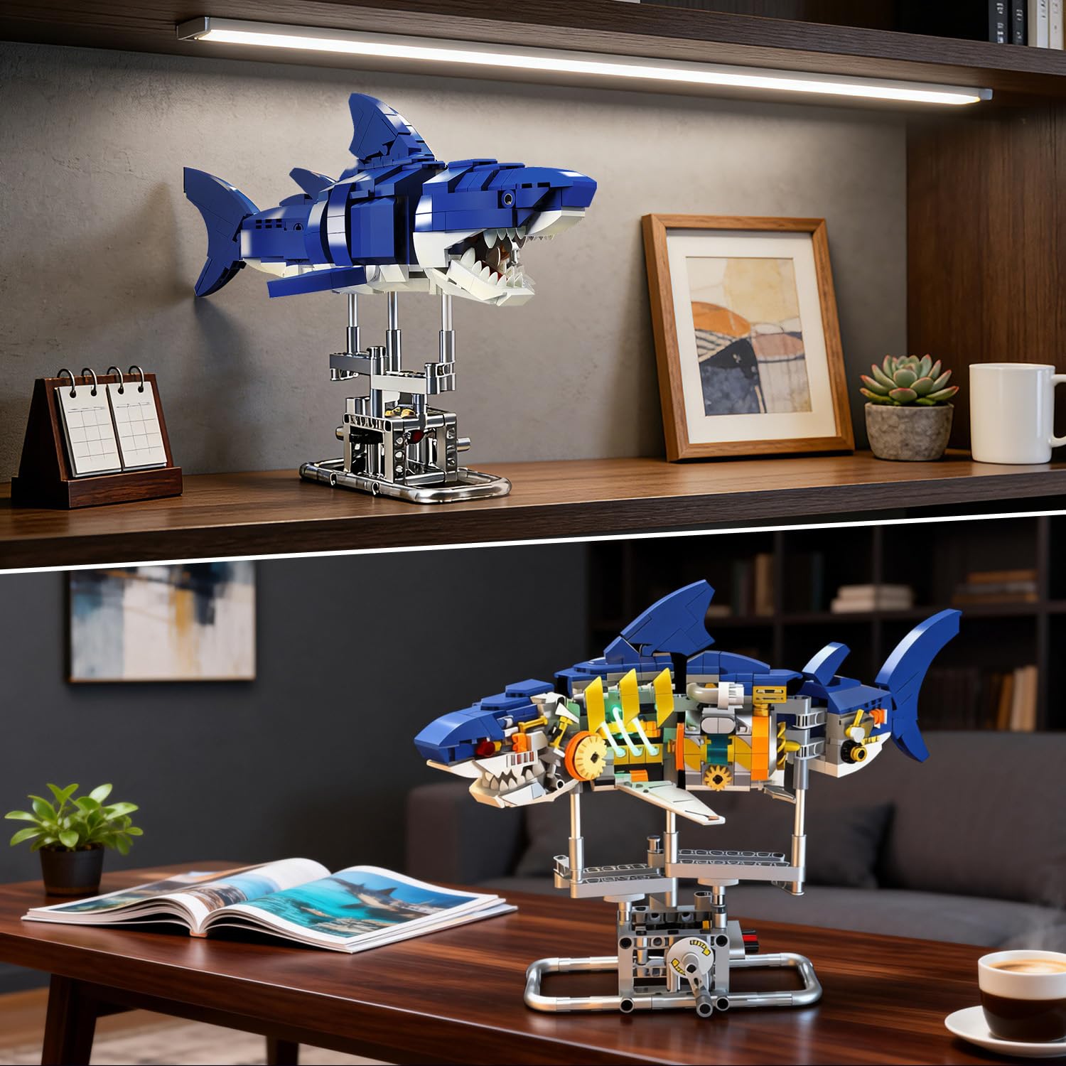 INSOON Juego de construcción de tiburón mecánico con luz LED, 687 Piezas de Animales oceánicos móviles con Soporte de exhibición, Juguete de Bloque de construcción de Peces de mar, Regalo de