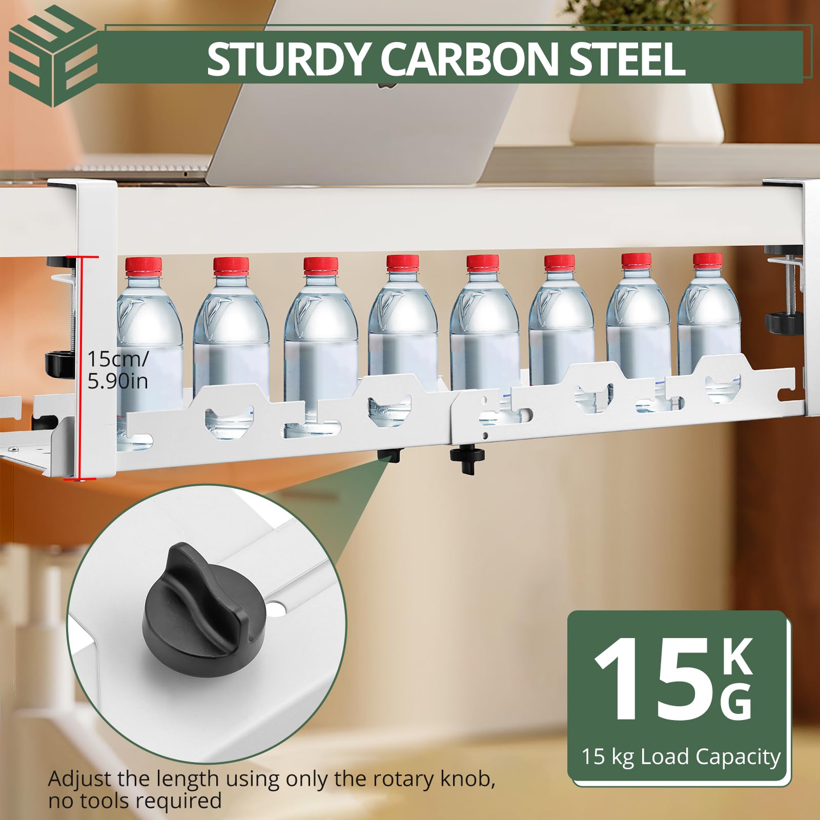 EYPINS Organizador de Cables para Debajo del Escritorio, sin Taladro, de 40-74cm, Retráctil, Resistente, de Acero al Carbono, Bandeja Cables Escritorio Blanco