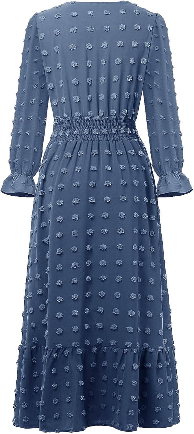 Women Nursing Boho Maxi Dress 2024 V Neck Swiss Dot Smocked High Waisted A-Line Ruffle Tiered Long Dress with Pockets - Image 6