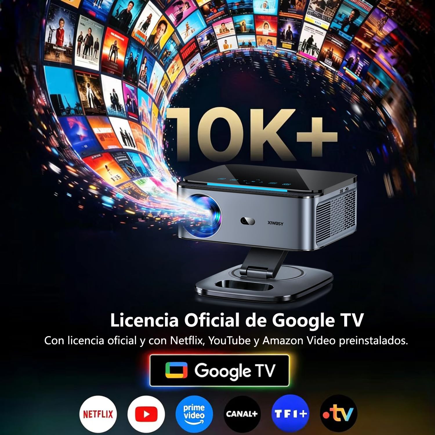 Proyector 4k【FIFA World Cup/1500 ANSI/Google TV】 XIWBSY Projector Control por Voz, Autofokus, Proyector GTV 38000 Lúmenes, Apps Oficiales/Live TV, Projectore Bluetooth para Cine en Casa