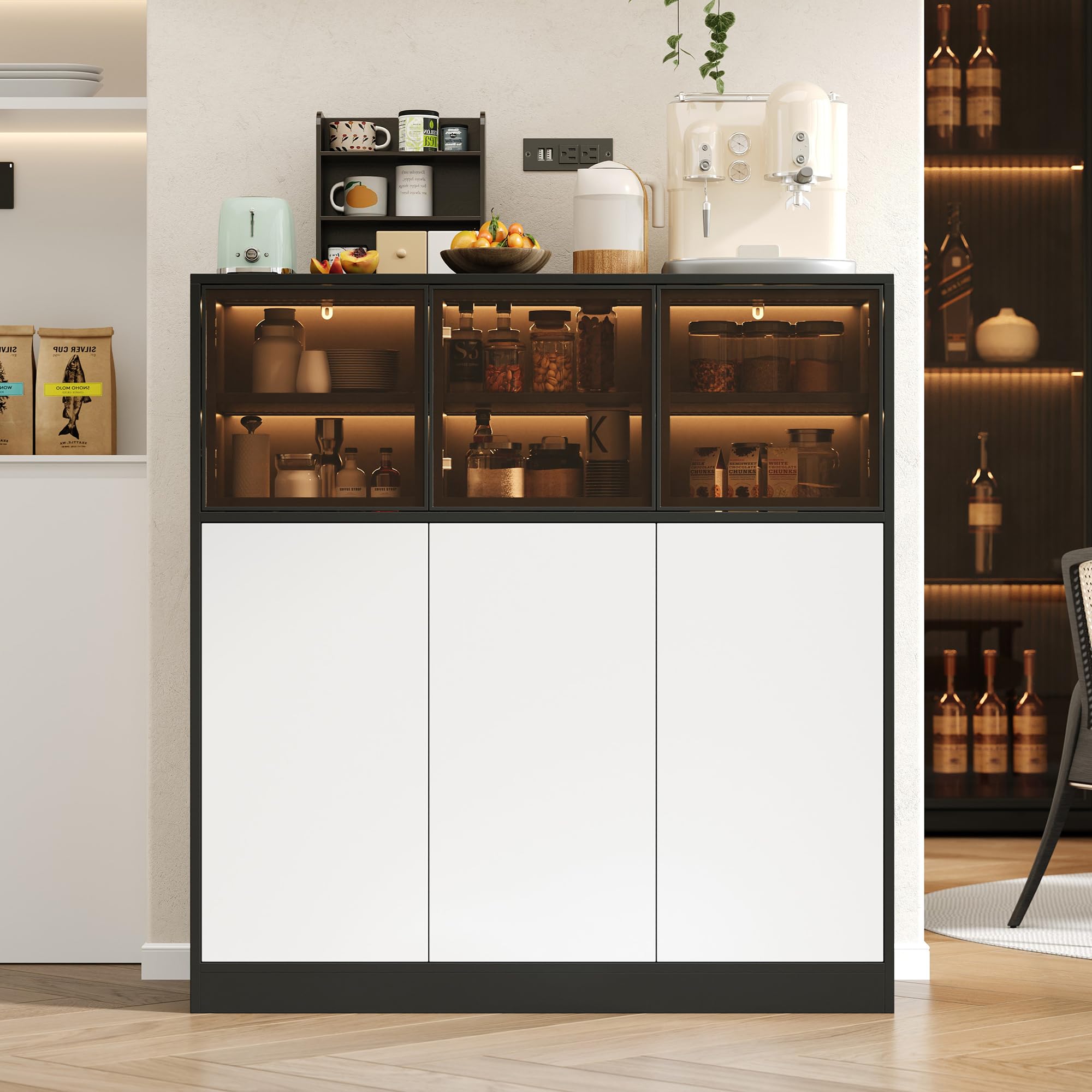 Buffet, Meuble de Cuisine, Meuble de Rangement. Convient au séjour, à la Cuisine et à la Salle à Manger, équipé d'un éclairage, de 3 Portes vitrées et de 3 Portes Blanches, 100 x 40 x 105 cm