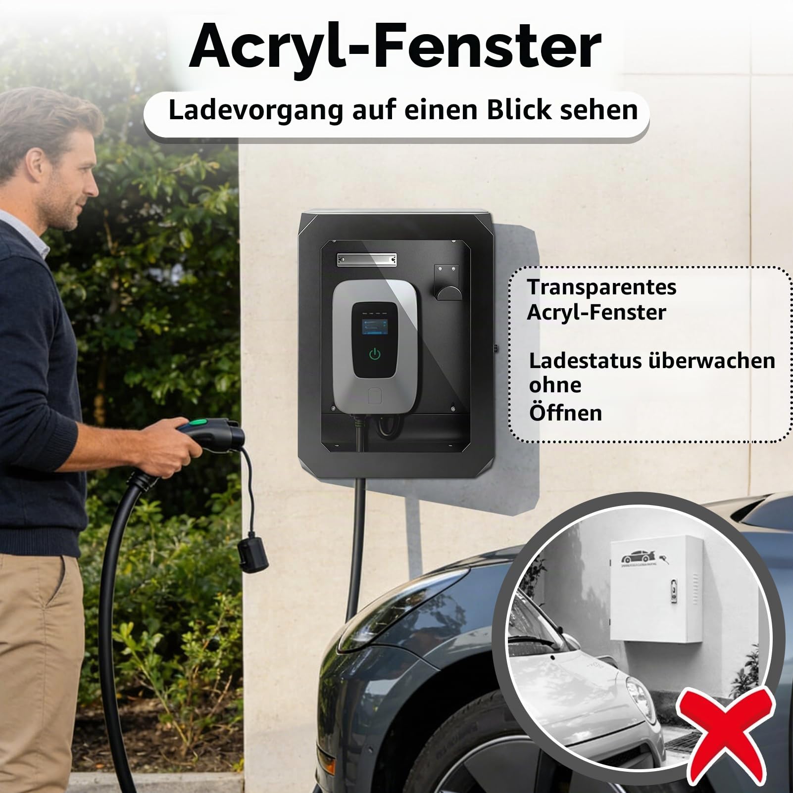 Wallbox Wetterschutz Schutzbox mit Kabelaufroller für EV Ladestation | Abschließbare Wallbox Schutzbox aus Stahl mit Acrylfenster, UV- und Regenschutz für Outdoor Ladestationen mit Kabelmanagement