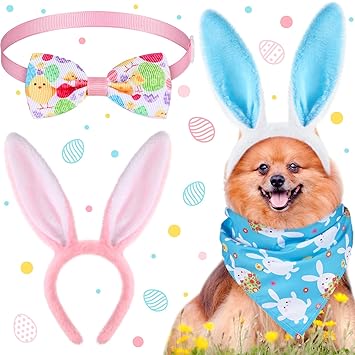 4 Pieces Easter Pet Collar Headbands Bandana Set Including 2 Pieces Pet Bunny Ears Headbands 1 Easter Dog Bandana 1 Cat Collar with Bow Tie for Puppy Small Dogs and Cat
