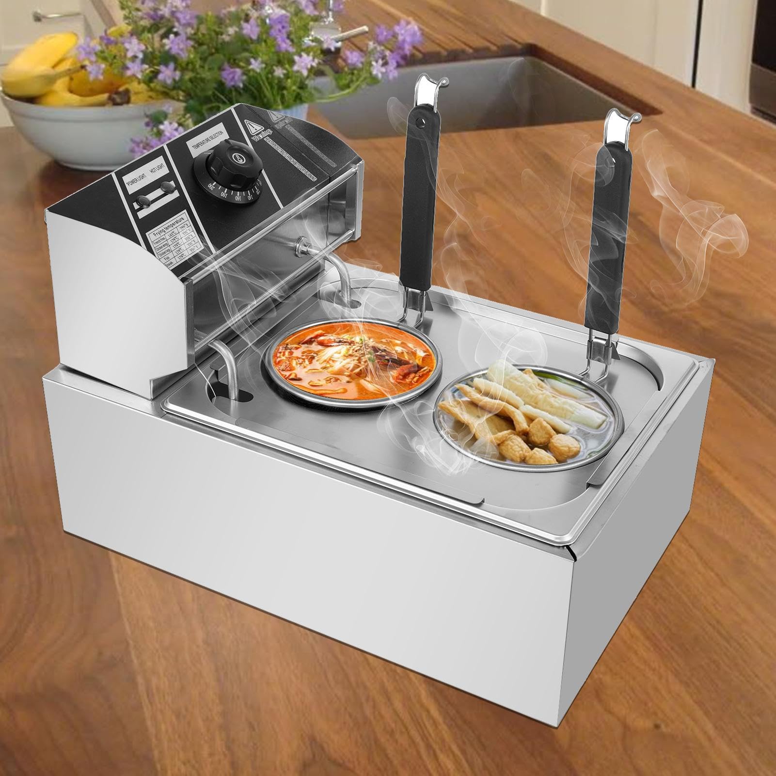 Commercial Electric Noodle Cooker - 1500W, 2 Baskets, Stainless Steel, For Pasta, Dumplings, Vegetables, Fried Snacks
