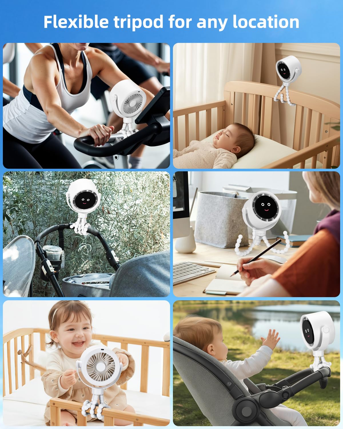 Akejrym Ventilatore per passeggino portatile, ventilatore personale da viaggio, Air Turbo Tech e display digitale, rimovibile a 5 velocità, ricaricabile a 360°, treppiede flessibile, per casa, ufficio