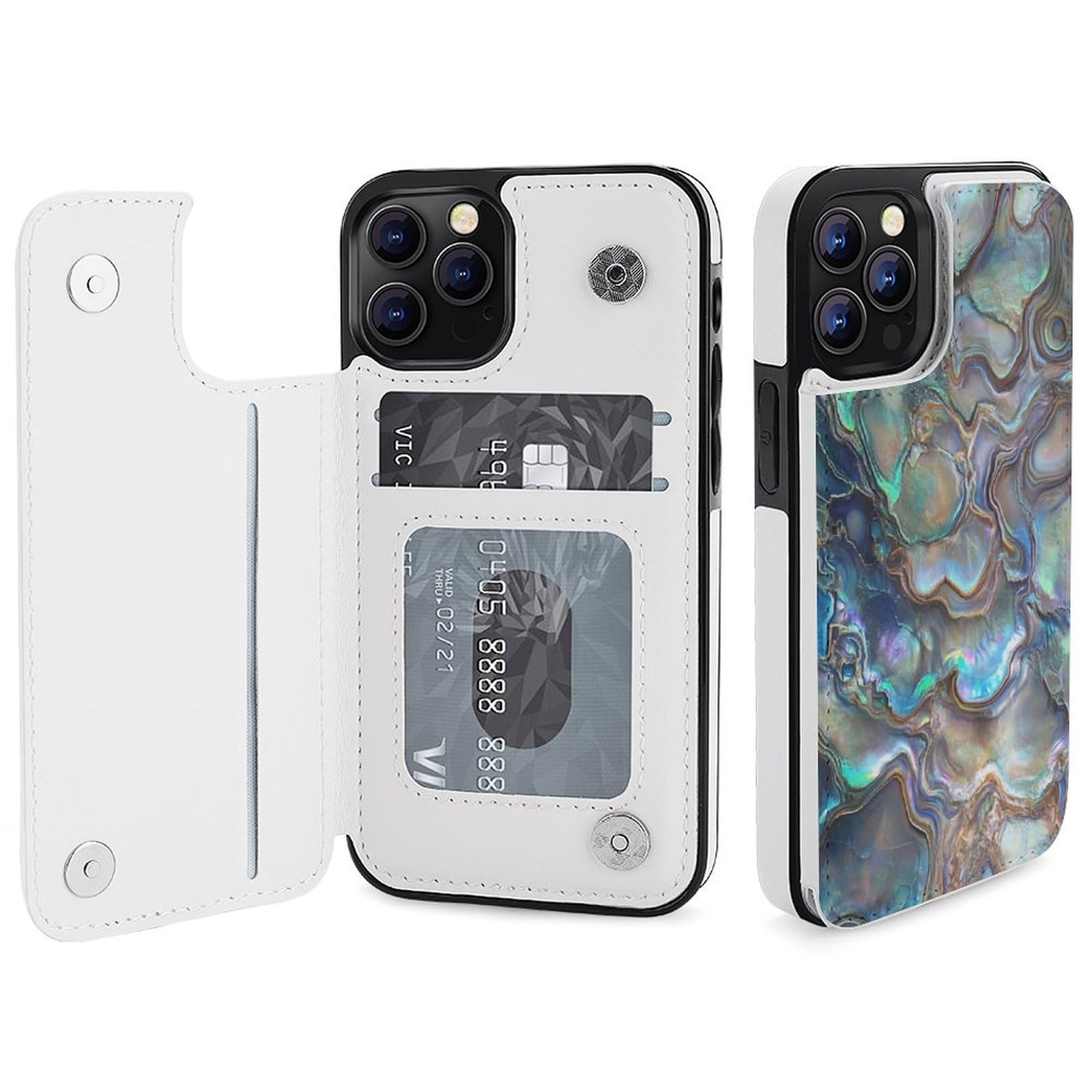 Fundas tipo cartera para iPhone 12 Pro, con estampado de abulón nácar, de piel, con ranuras para tarjetas