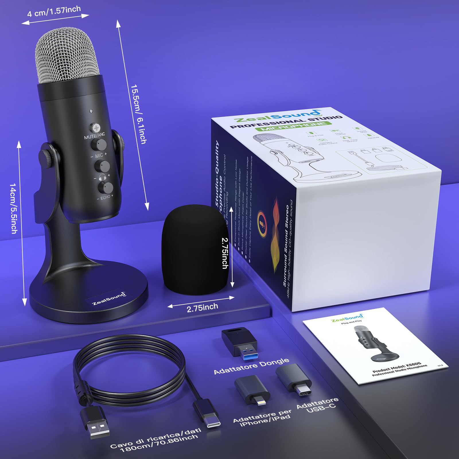 ZealSound Microfono wireless,microfono USB per *Phone/PC/iPad/Android Phone-microfoni da tavolo a condensatore senza fili con monitoraggio dell'eco muto, Bluetooth 2,4 GHz per Podcast/ASMR/Video