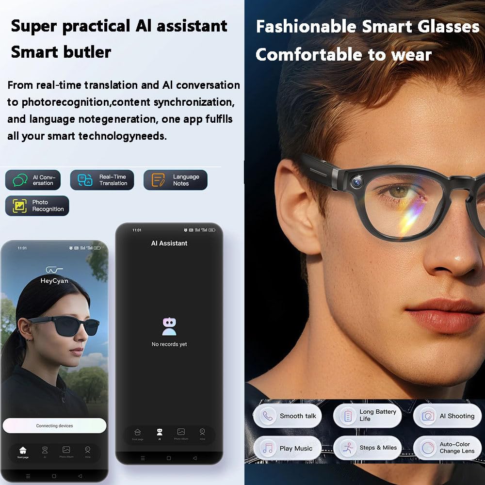 Occhiali intelligenti con fotocamera HD, Bluetooth, traduttore AI e assistente vocale per lavoro e viaggi, ideali per l'uso quotidiano