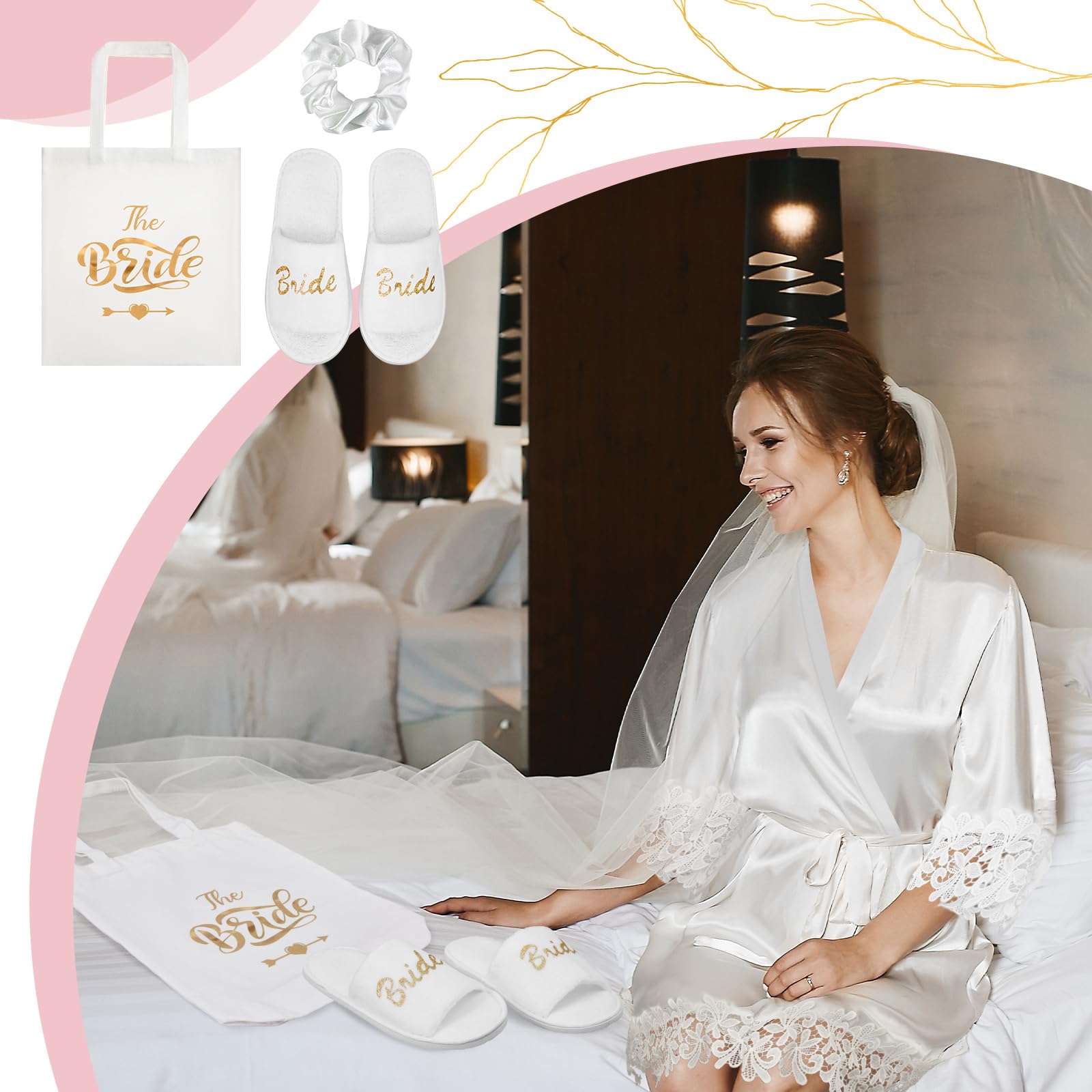 BBTO Juego de 4 Regalos de Novia Regalos de Despedidas de Soltera Bata de Novia de Satén Blanco con Encaje Dorado Bolsa Zapatillas Lazo de Pelo Blanco para Boda Compromiso Spa