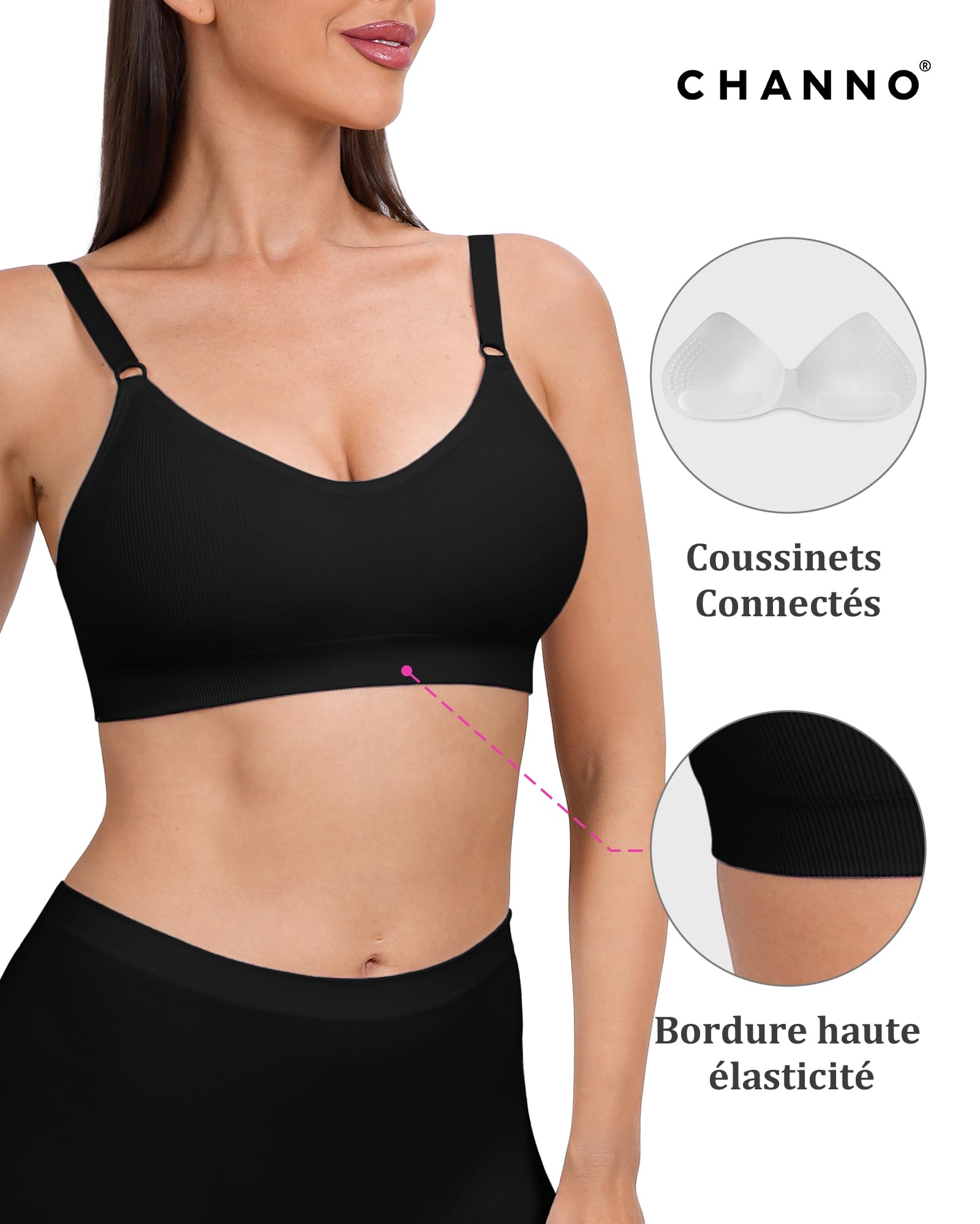 Channo Soutien-Gorge Sport sans Armatures - Pack de 3 en Nylon Côtelé Uni sans Couture Bretelles Réglables